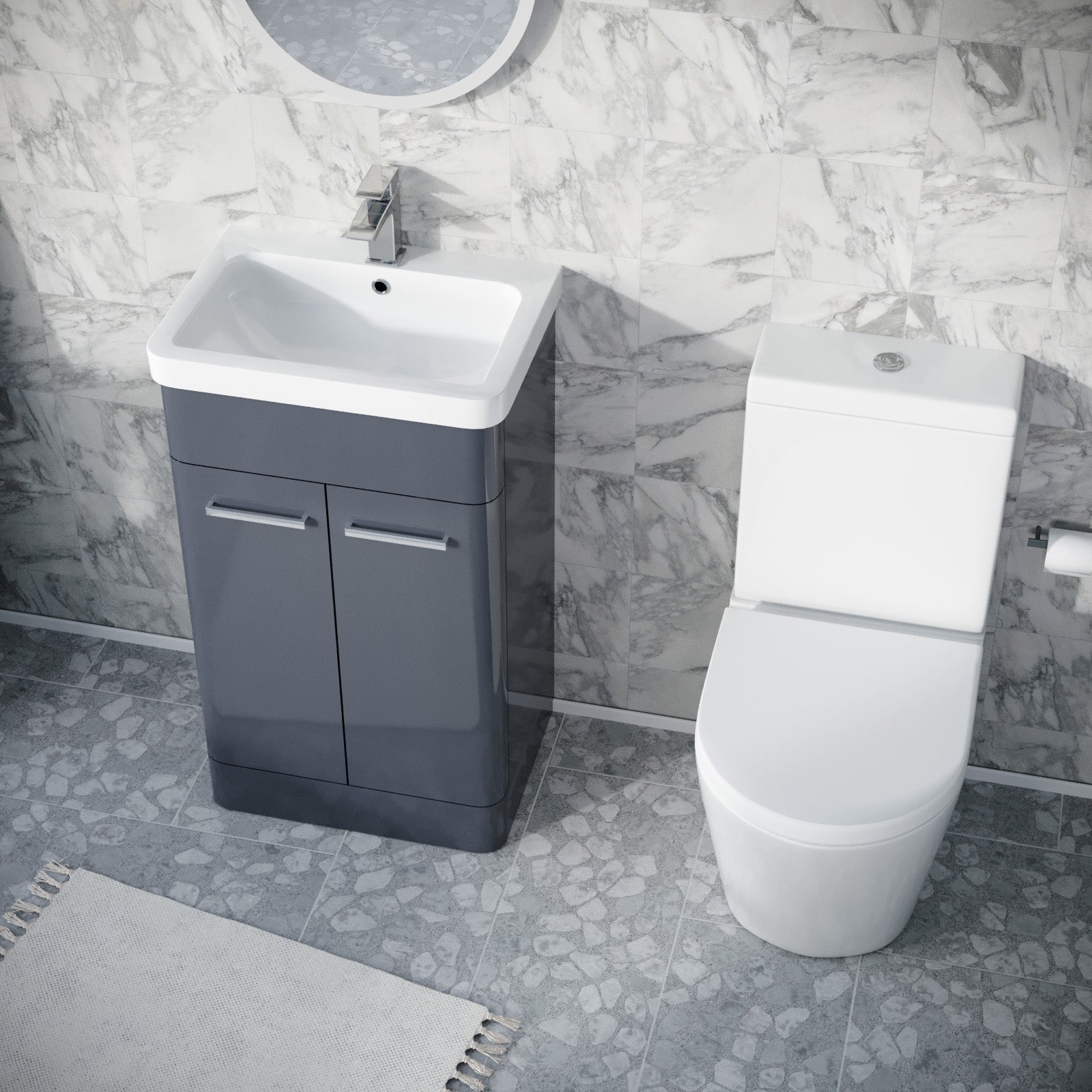 Afern Steel Grey Vanity Basin Unit & Rimless Close Coupled Toilet