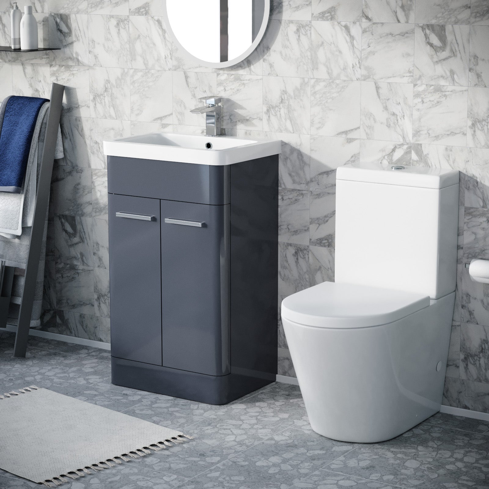 Afern Steel Grey Vanity Basin Unit & Rimless Close Coupled Toilet