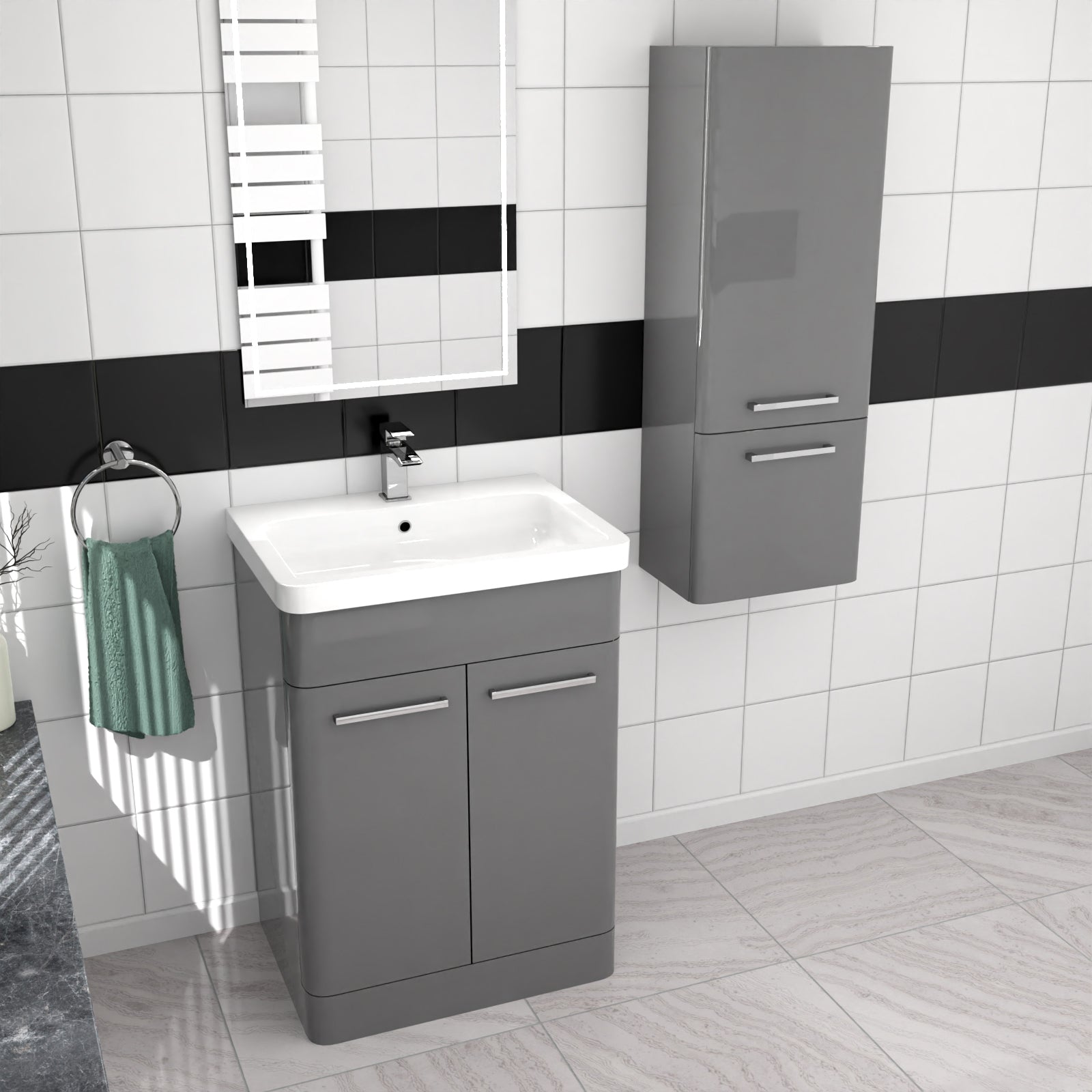 600mm Freestanding Grey Basin Vanity & 350mm Wall Hung Tall Cabinet Set