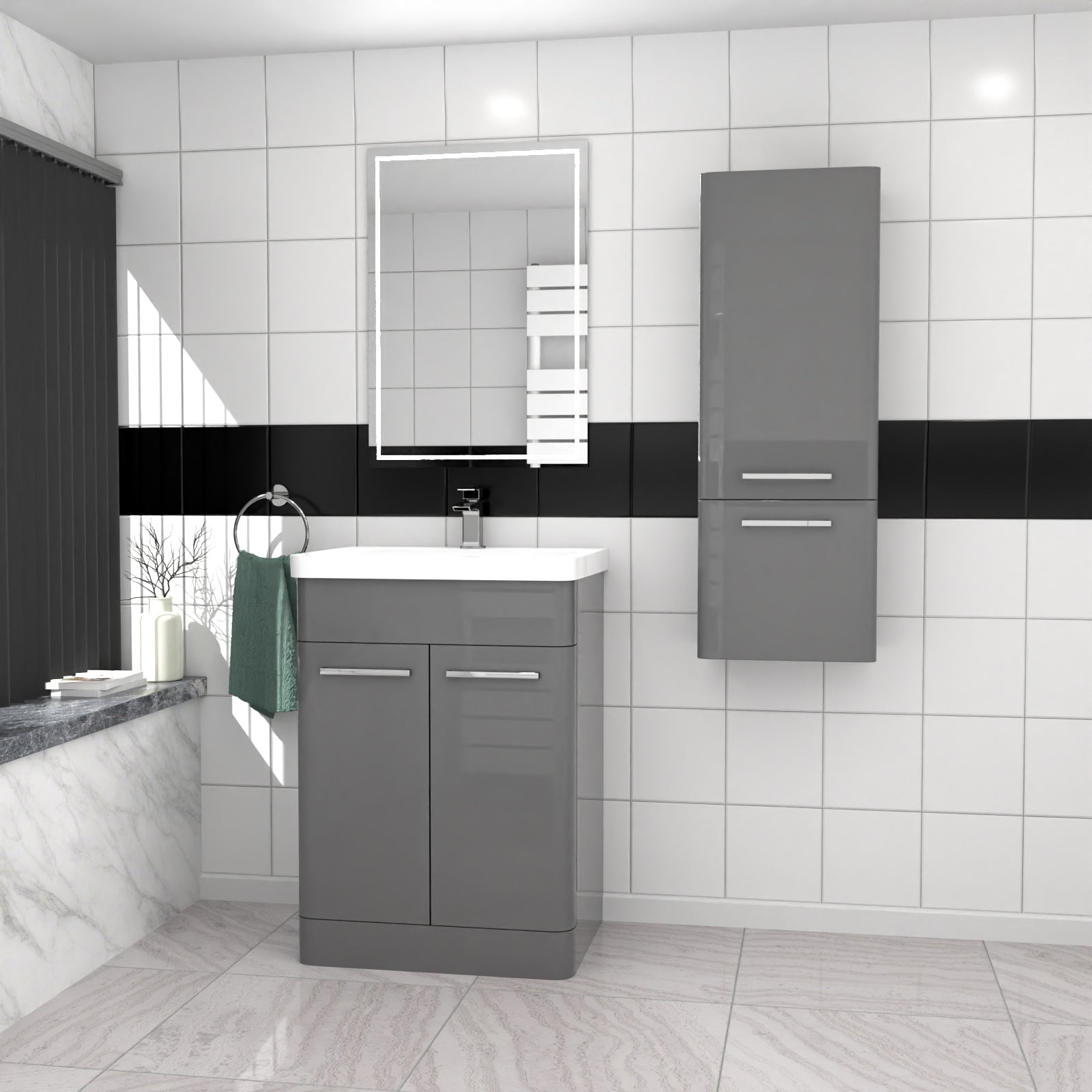 600mm Freestanding Grey Basin Vanity & 350mm Wall Hung Tall Cabinet Set