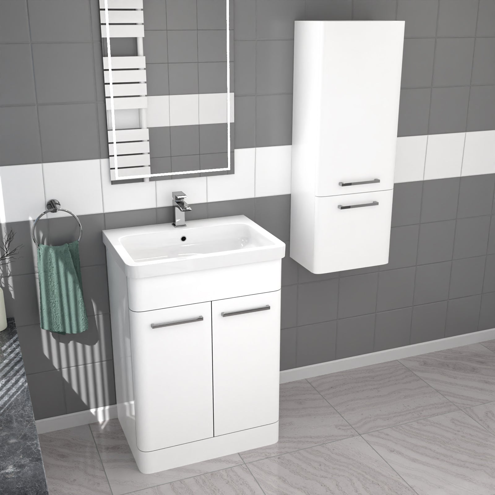 600mm Freestanding White Basin Vanity & 350mm Wall Hung Cabinet