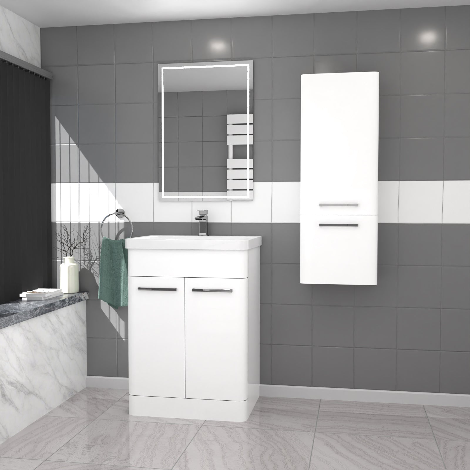 600mm Freestanding White Basin Vanity & 350mm Wall Hung Cabinet