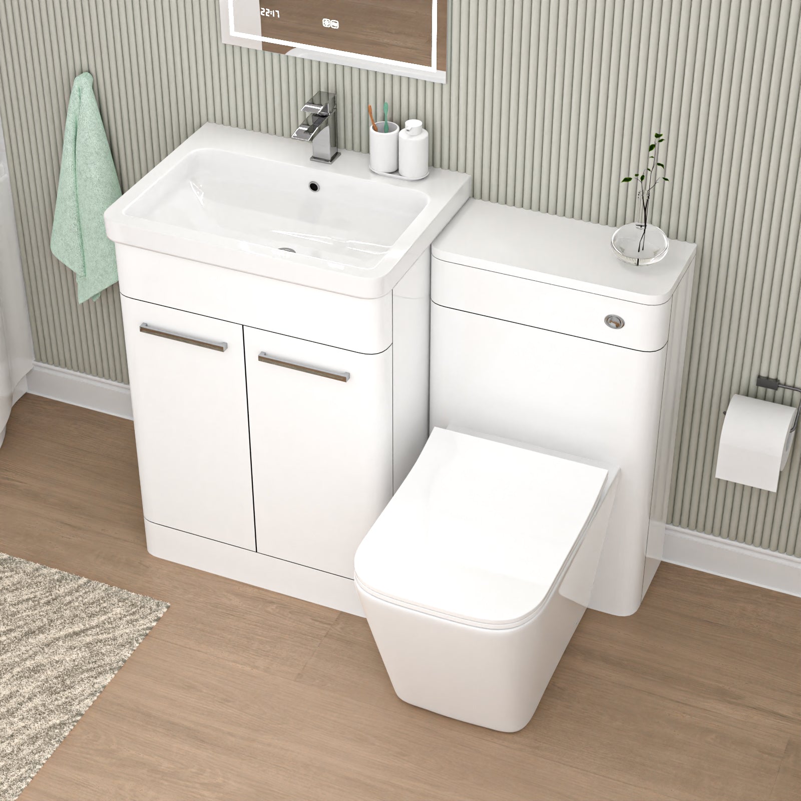 Afern White 1100mm Freestanding Basin Cabinet, WC Unit and Square BTW Toilet