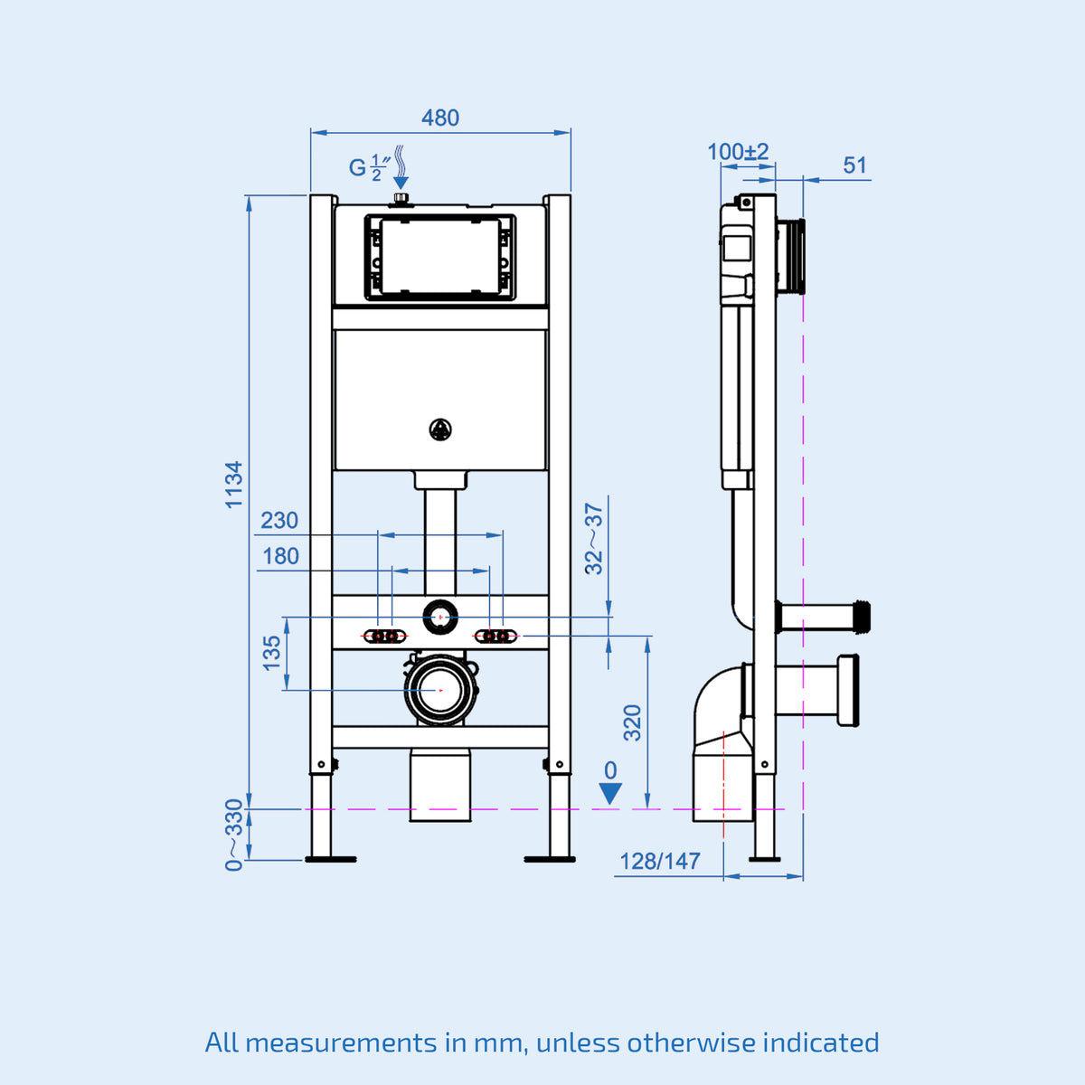 Wall Hung 1.13m Toilet Cistern Frame with Modern Chrome Round Button Flush Plate