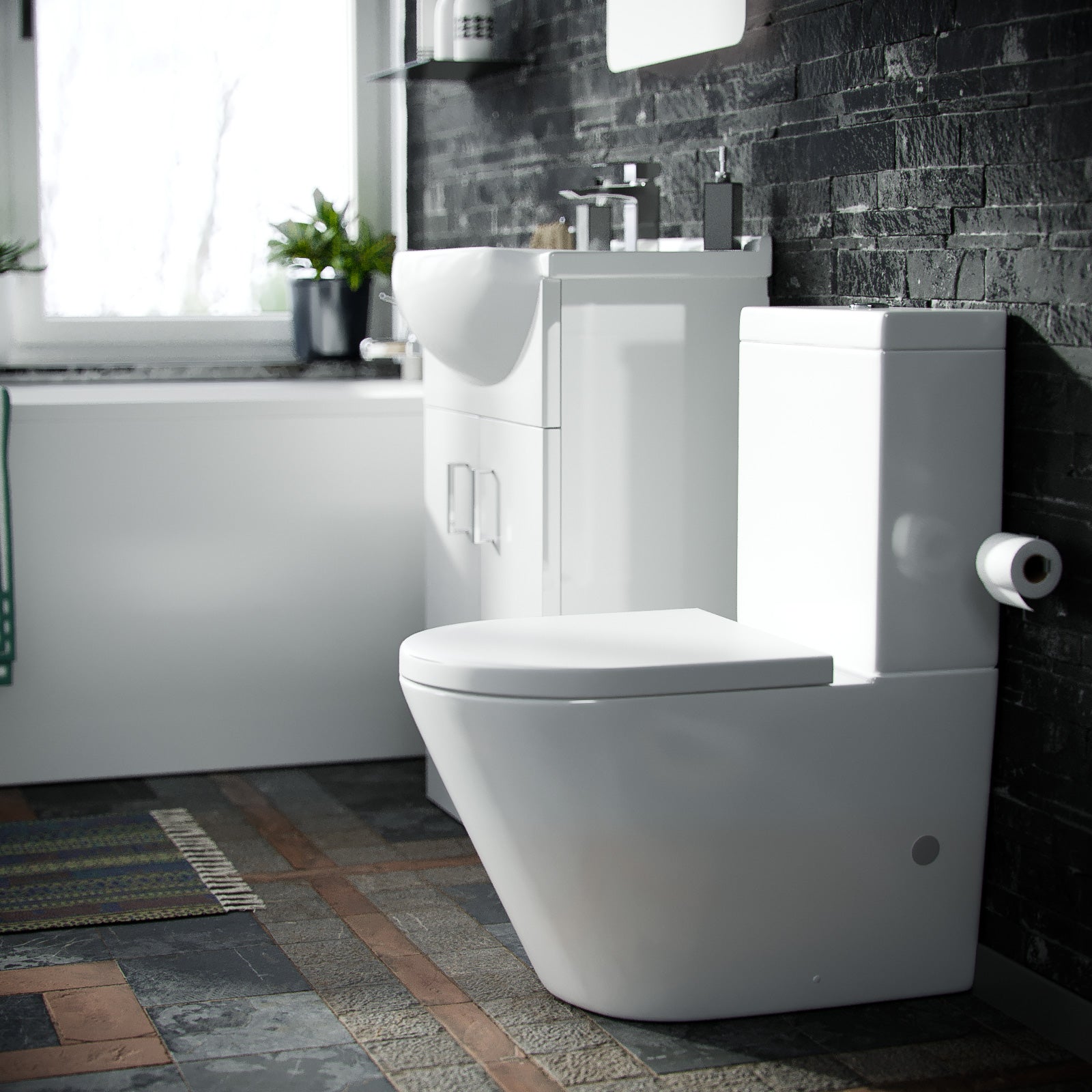 P-Shaped RH Bath White 550mm Vanity Basin Unit WC Unit & Toilet Suite