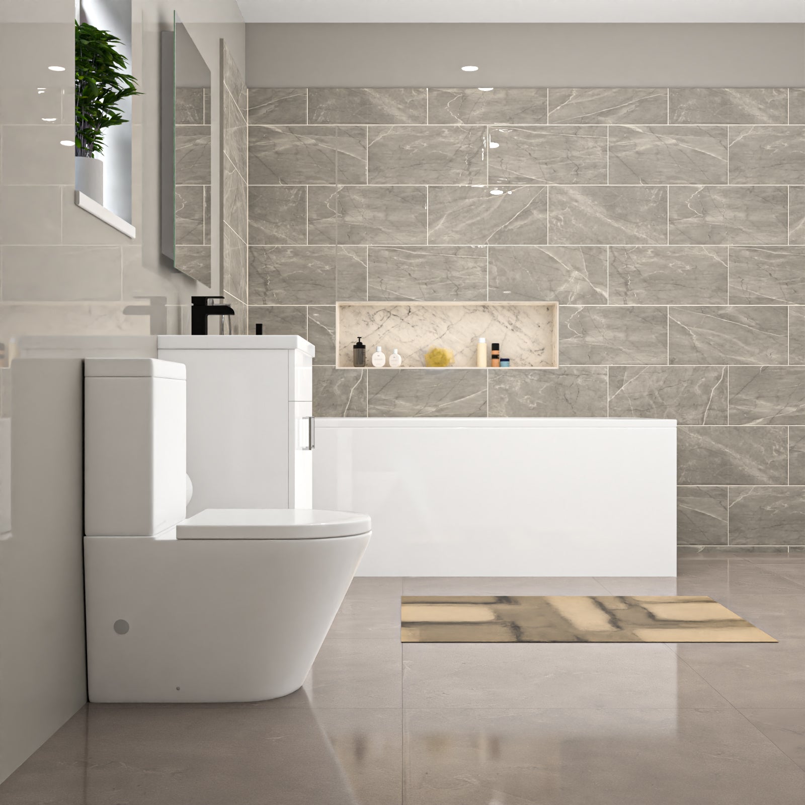 Nanuya Modern Suite 600mm Basin Vanity Unit, Bath & Close Coupled Toilet
