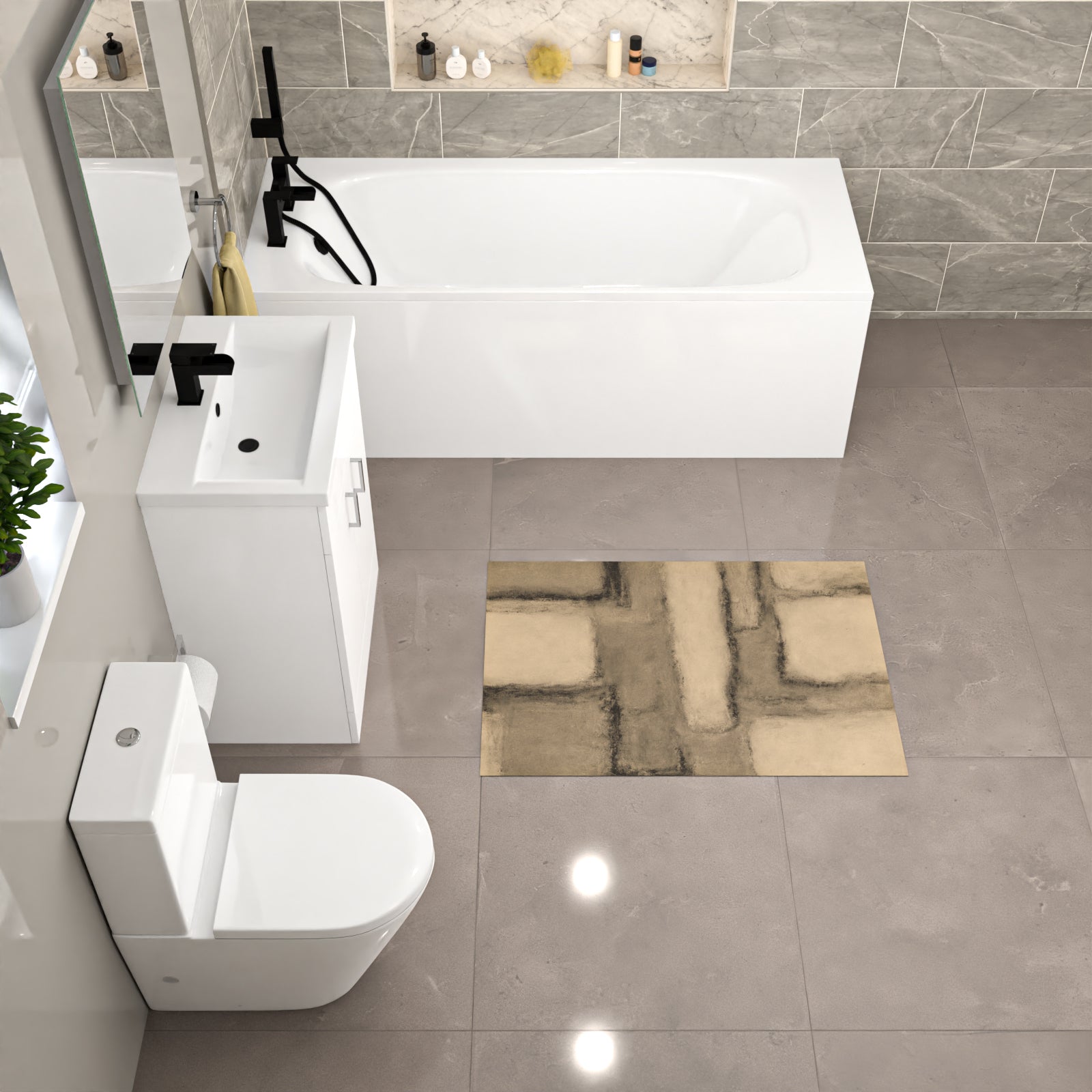 Nanuya Modern Suite 600mm Basin Vanity Unit, Bath & Close Coupled Toilet