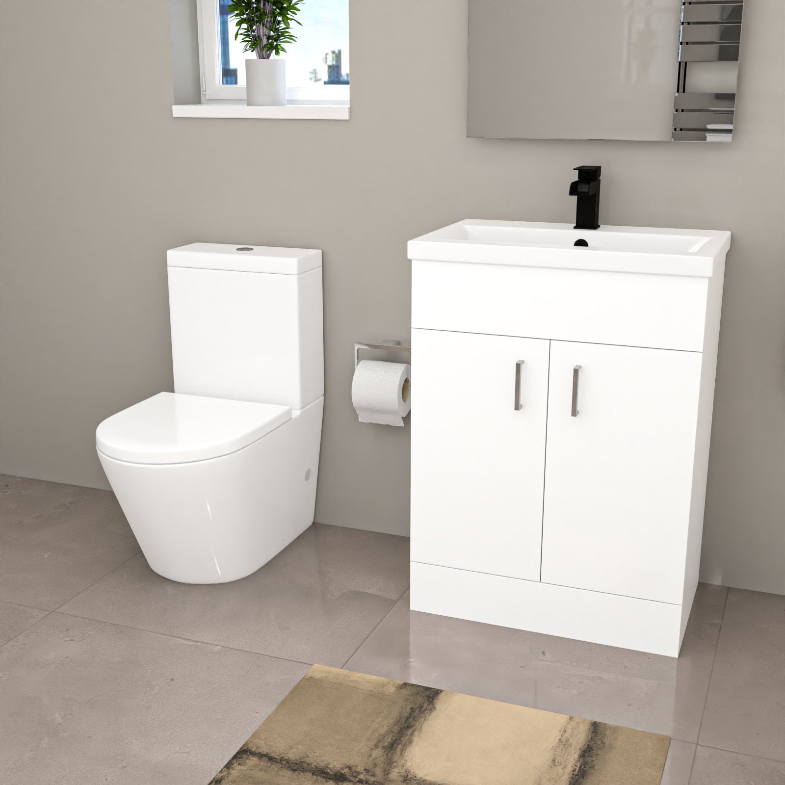Nanuya Modern Suite 600mm Basin Vanity Unit, Bath & Close Coupled Toilet