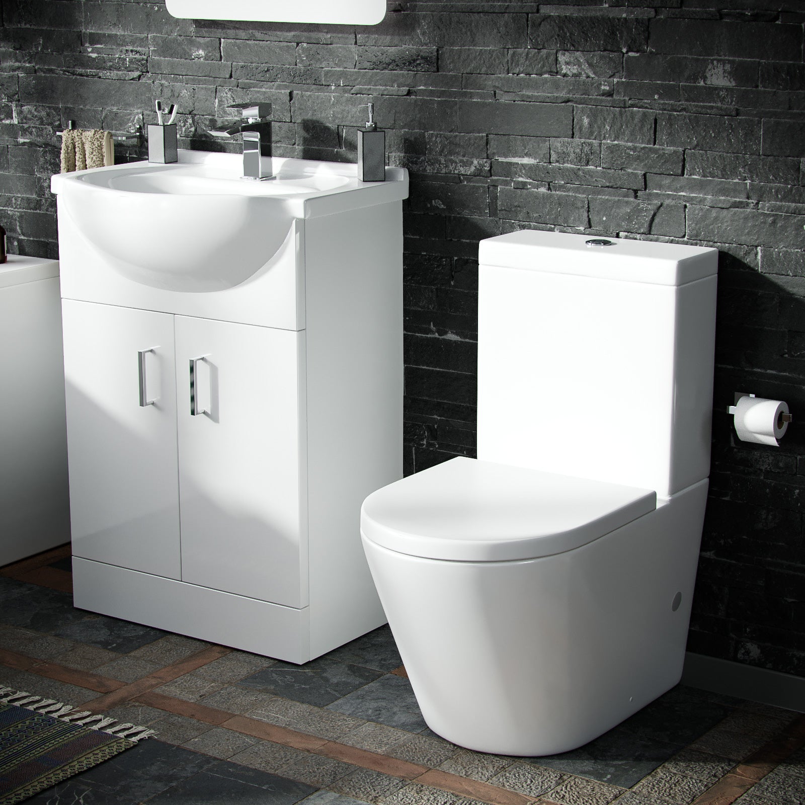 Ellen 550mm Floor Standing Flat Pack Vanity Basin Unit & Close Coupled WC Toilet White