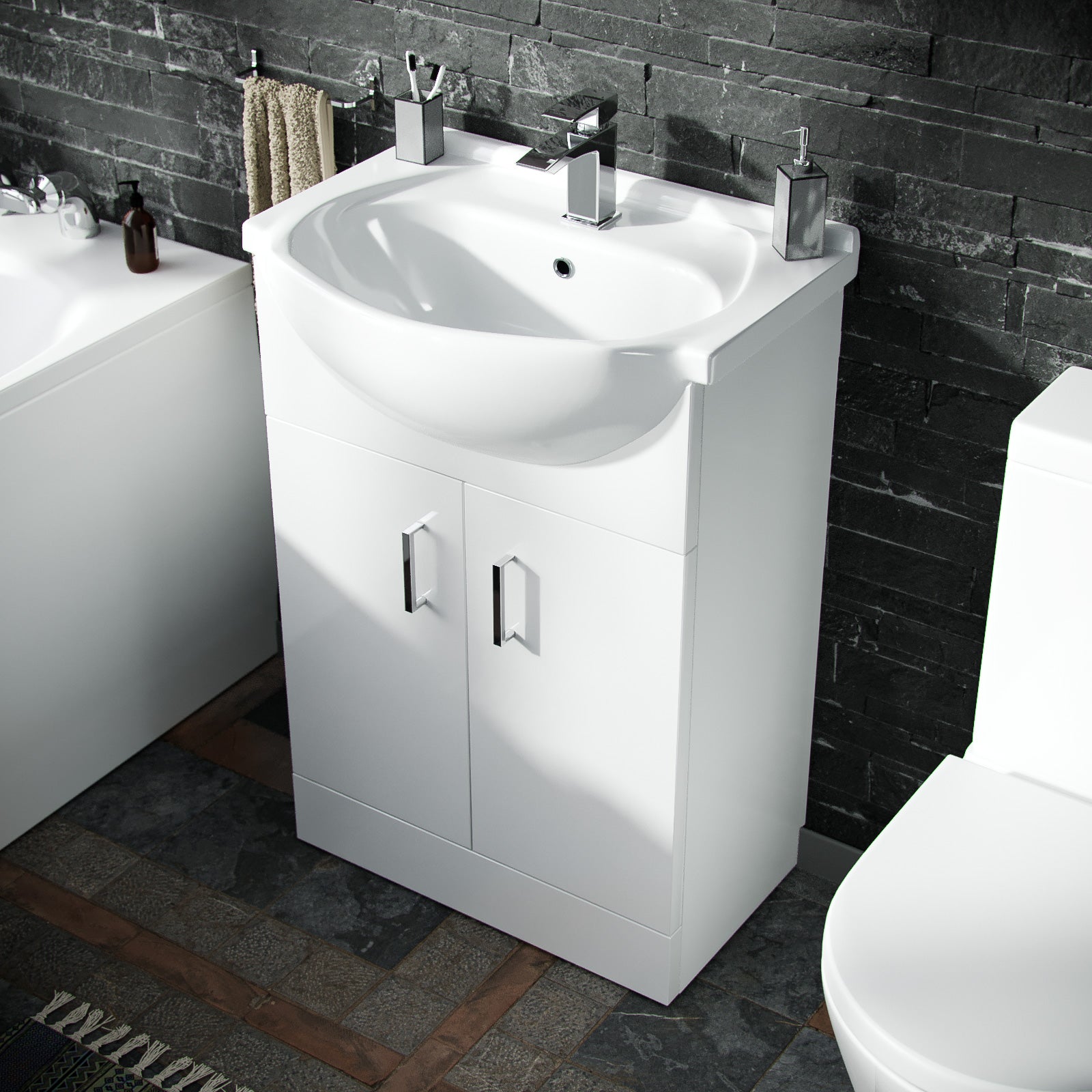 550mm Basin Vanity Unit, Close Coupled WC Toilet with Straight Edge Bath Bathroom Suite