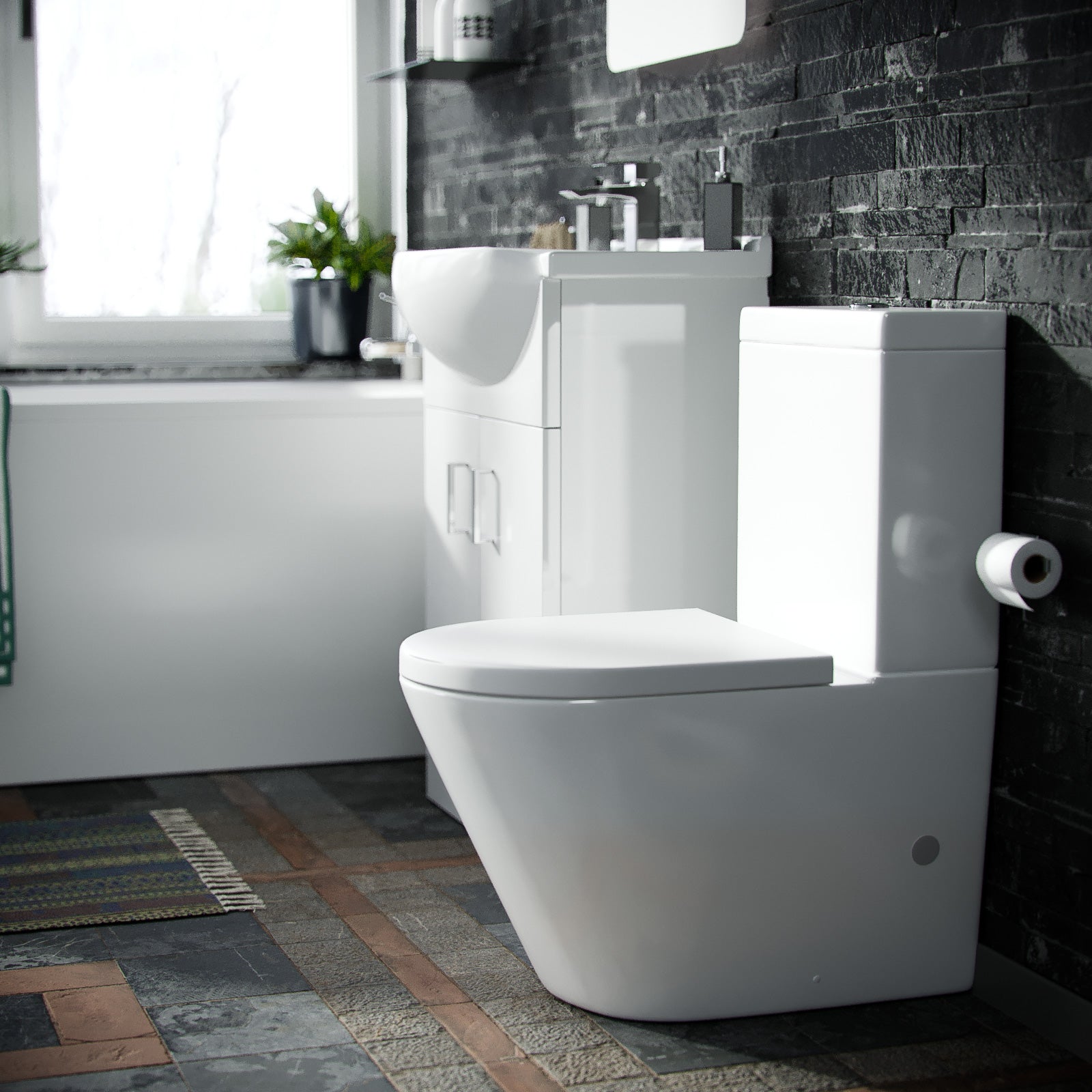 550mm Basin Vanity Unit, Close Coupled WC Toilet with Straight Edge Bath Bathroom Suite