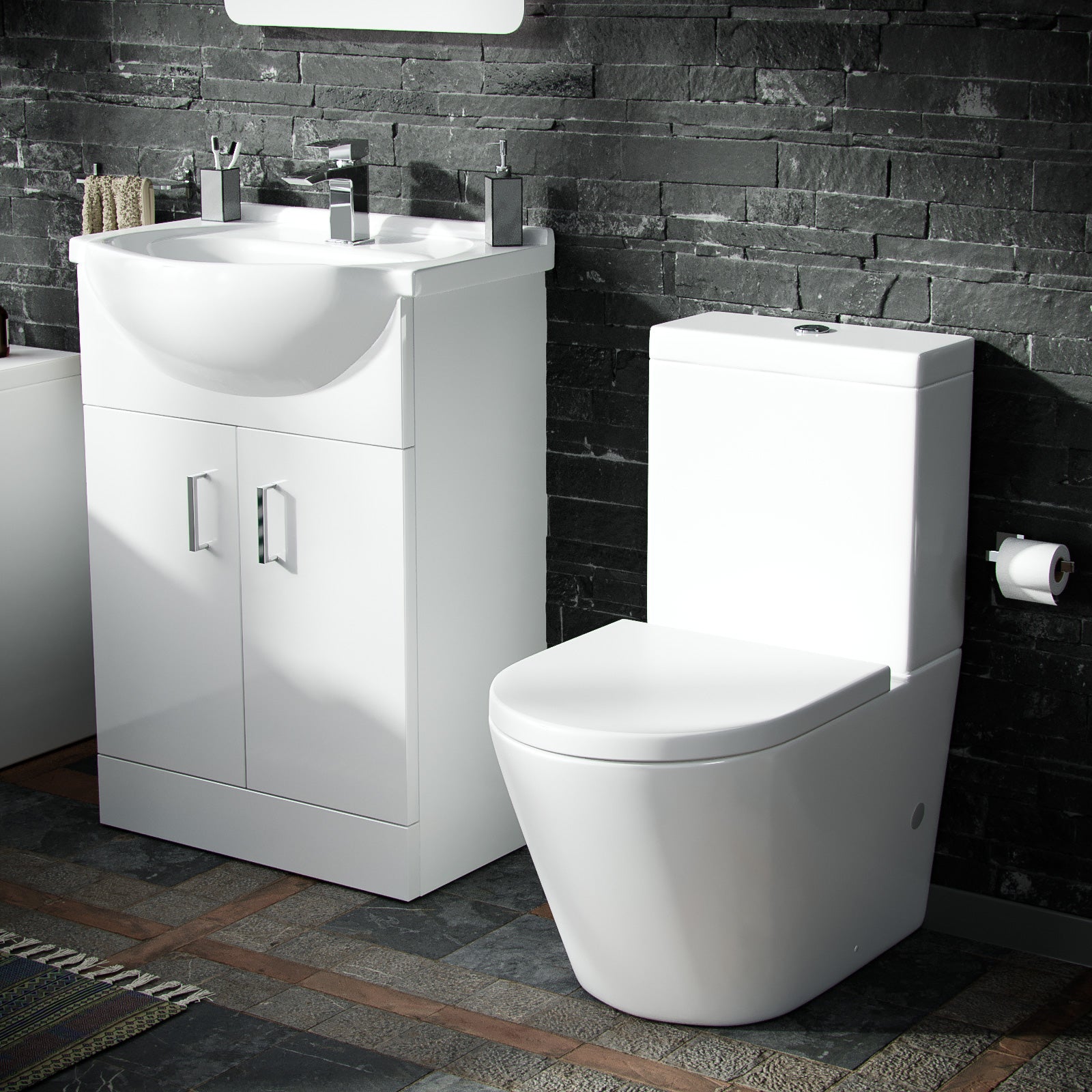 550mm Basin Vanity Unit, Close Coupled WC Toilet with Straight Edge Bath Bathroom Suite