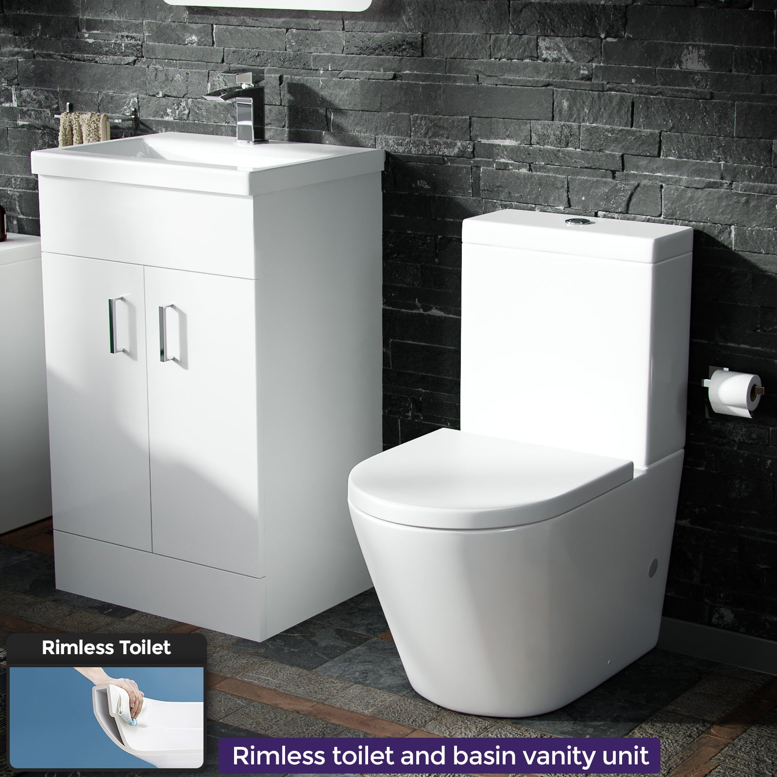 Nanuya 500mm Vanity Basin Unity & Rimless Close Coupled Toilet White