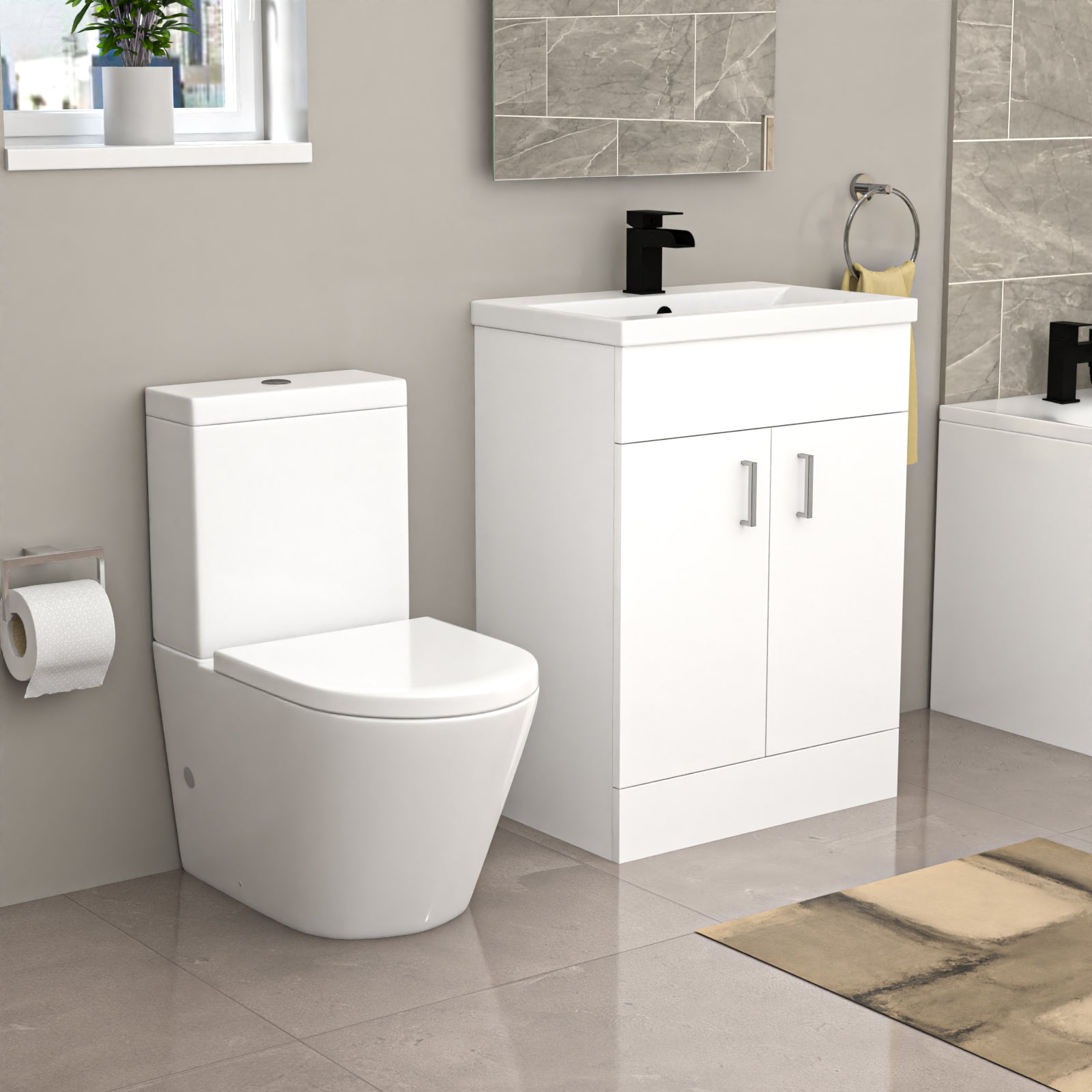 Nanuya Modern Suite 600mm Basin Vanity Unit, Bath & Close Coupled Toilet