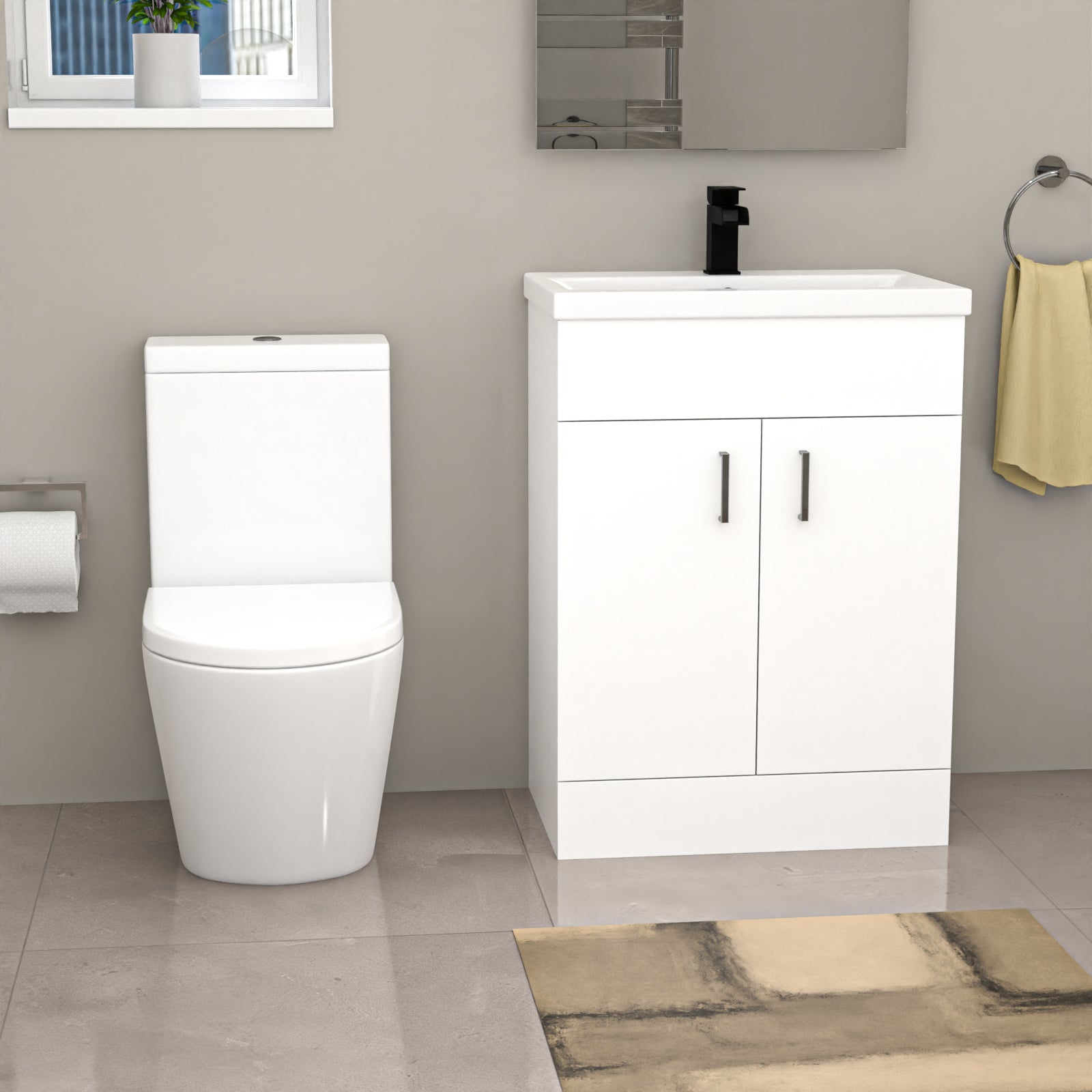 Nanuya Modern Suite 600mm Basin Vanity Unit, Bath & Close Coupled Toilet
