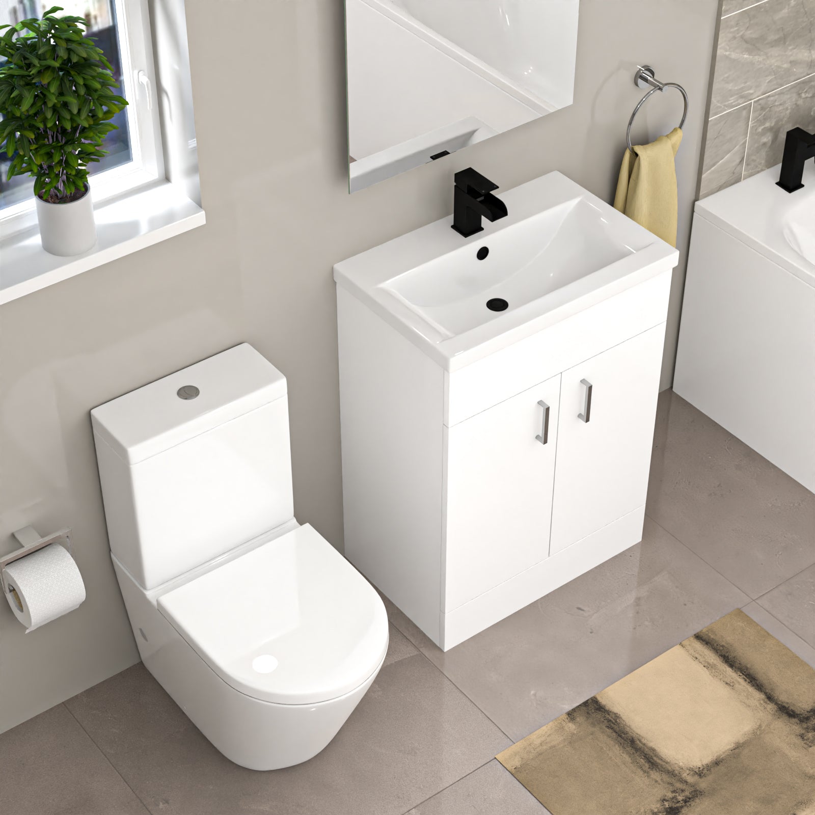 Nanuya Modern Suite 600mm Basin Vanity Unit, Bath & Close Coupled Toilet