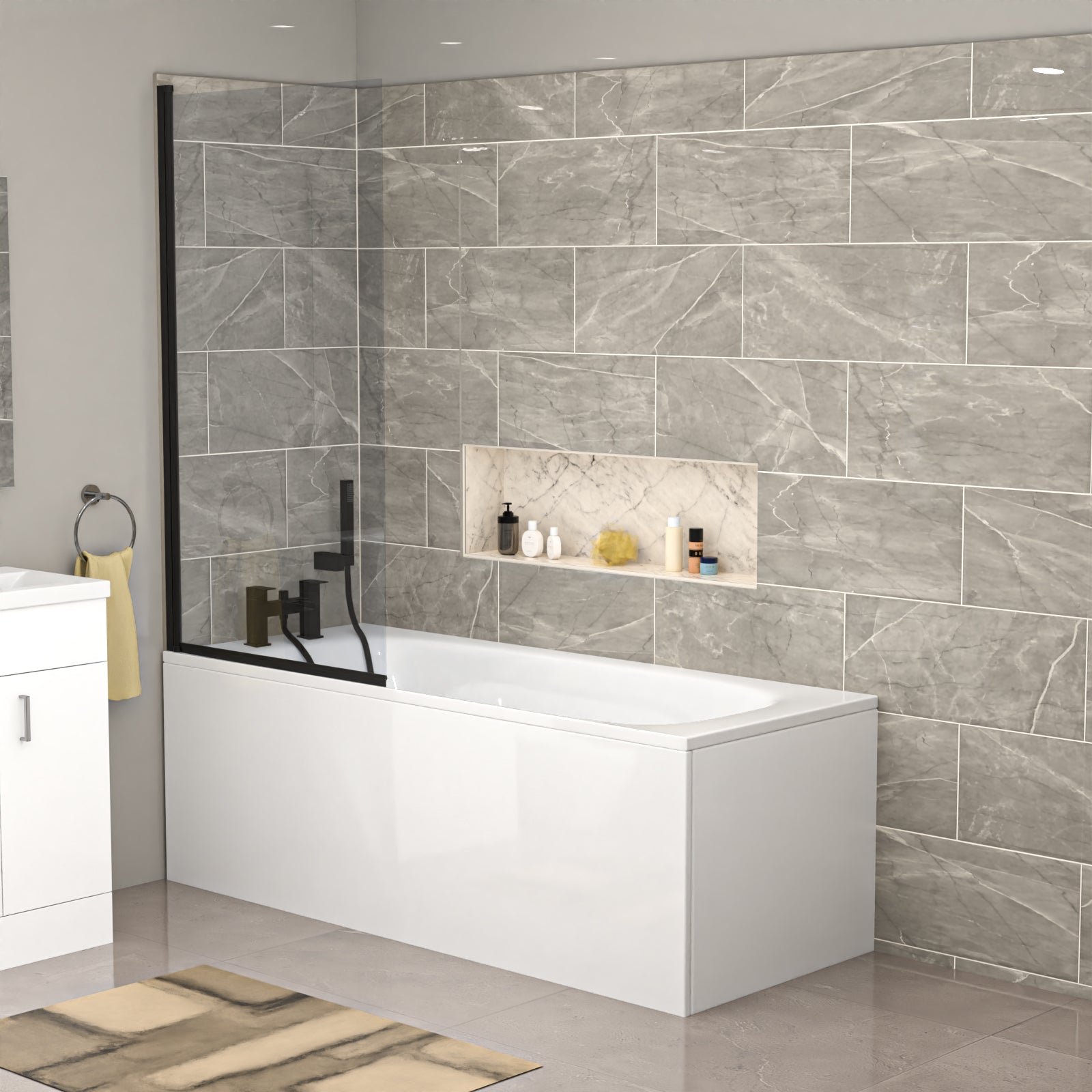 Nanuya Modern Bathroom Suite 600mm Basin Vanity Unit, Bath, Toilet and Shower Screen