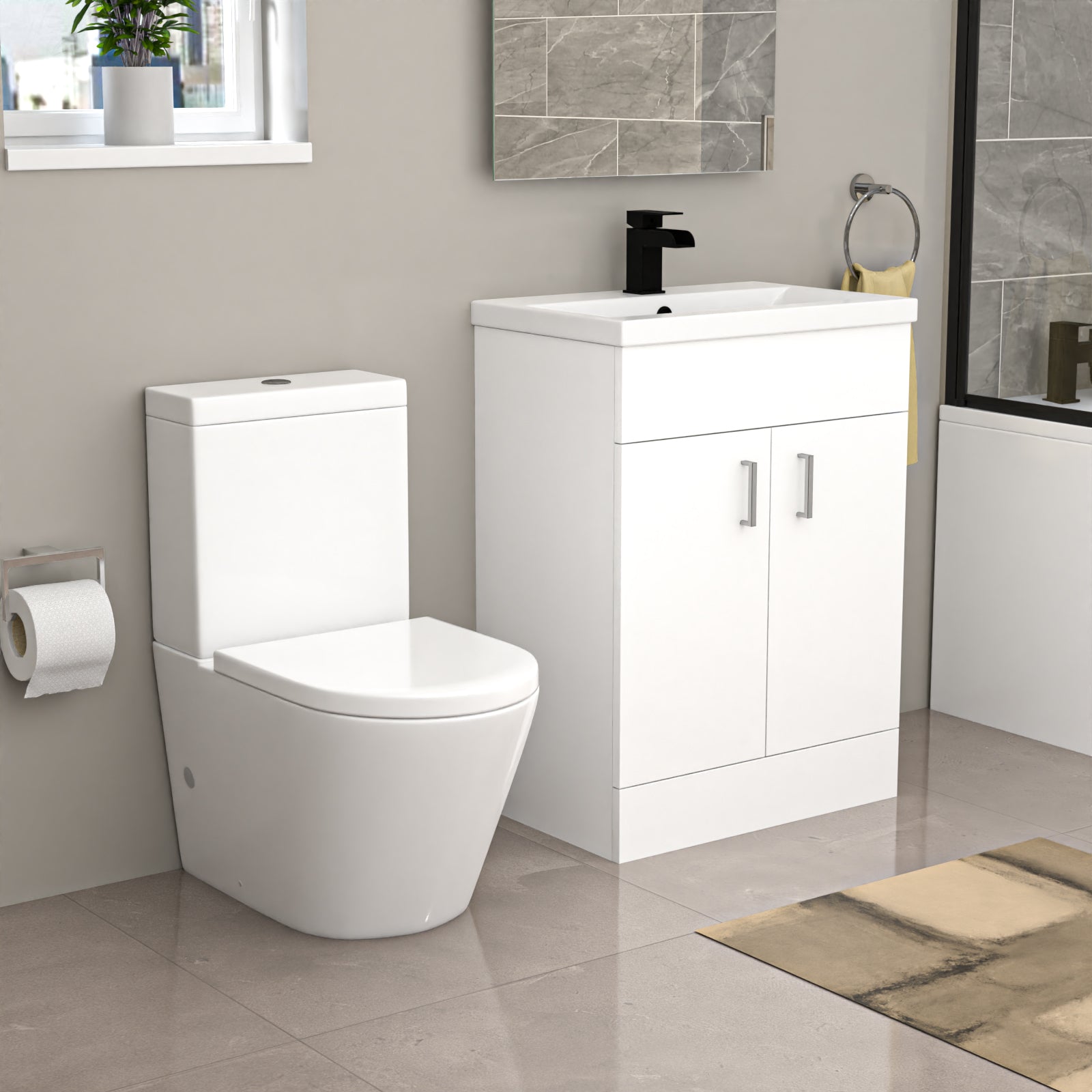Nanuya Modern Bathroom Suite 600mm Basin Vanity Unit, Bath, Toilet and Shower Screen