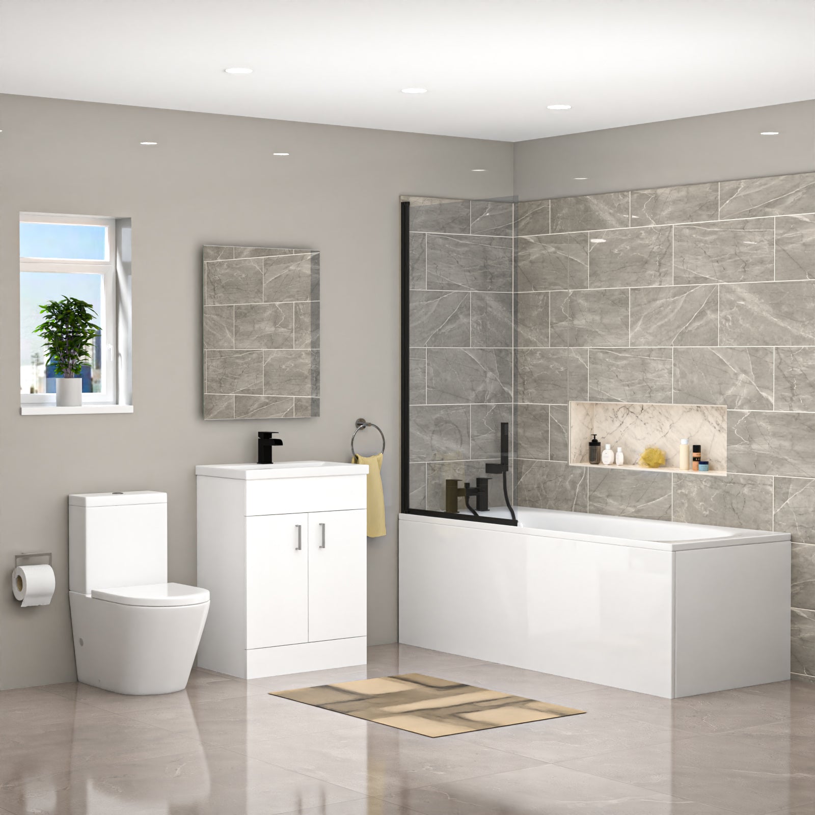Nanuya Modern Bathroom Suite 600mm Basin Vanity Unit, Bath, Toilet and Shower Screen
