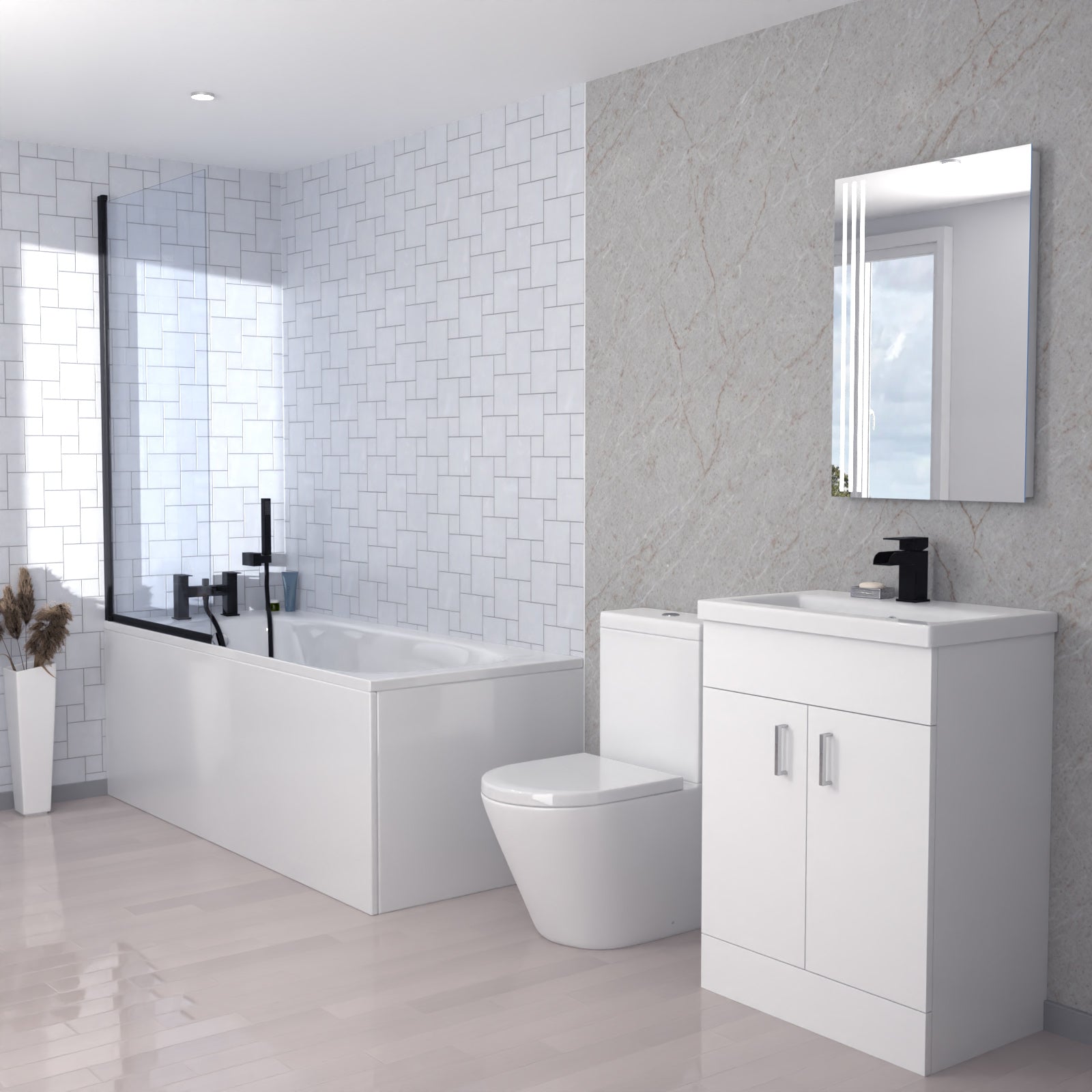 Magna Modern Bathroom Suite 600mm Basin Vanity Unit, Bath, Toilet and Shower Screen