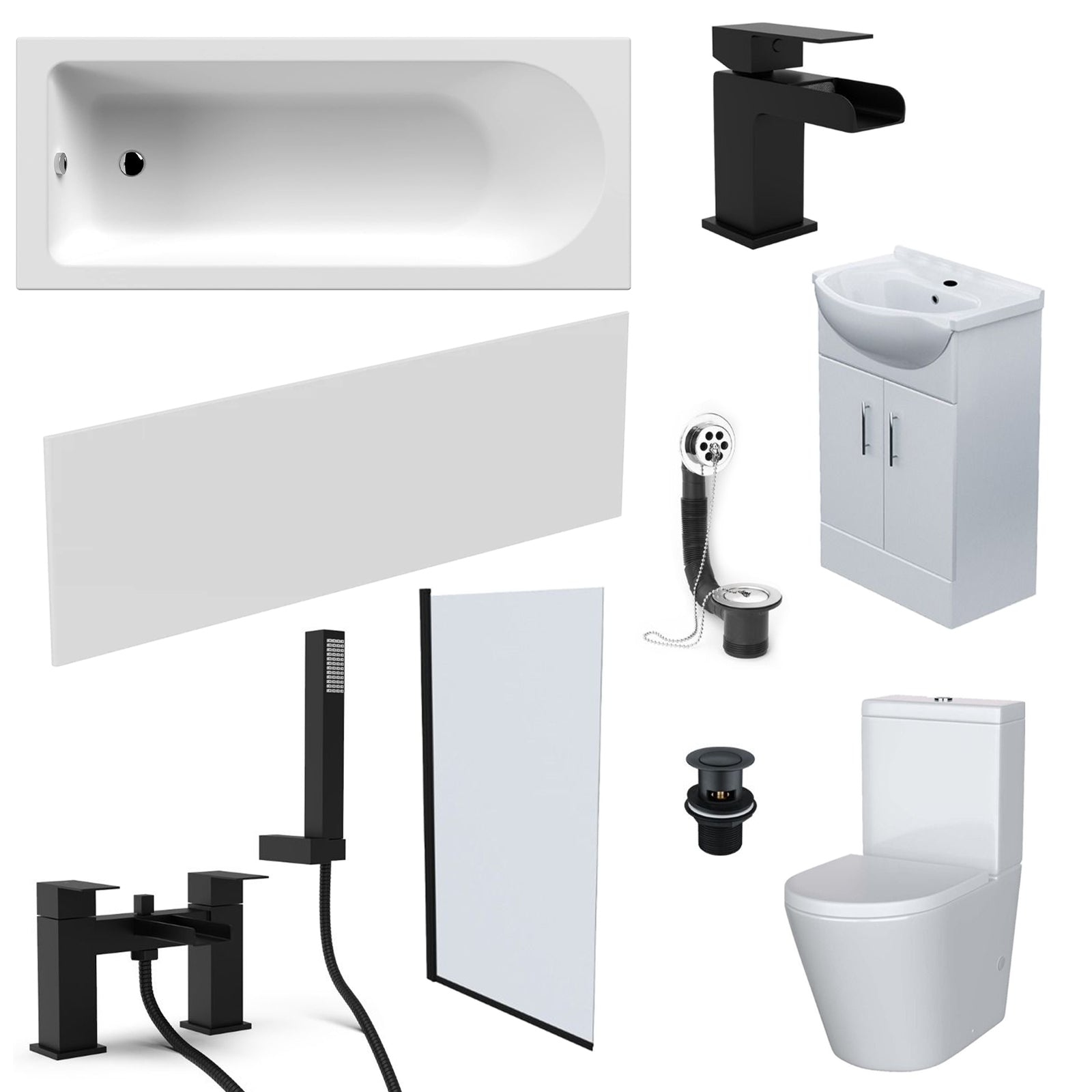 Nanuya Modern Bathroom Suite 600mm Basin Vanity Unit, Bath, Toilet and Shower Screen