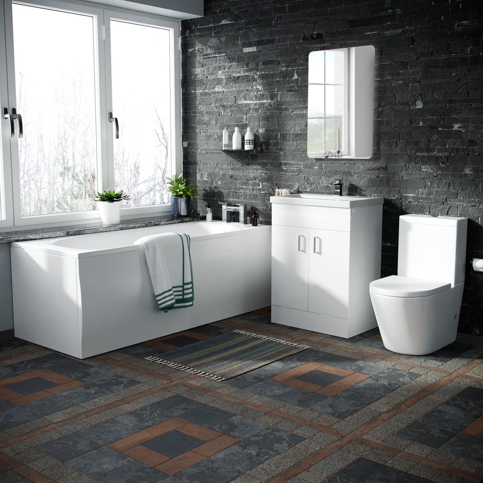 Basin Vanity Unit & Close Coupled WC Toilet with Straight Edge Bath Bathroom Suite