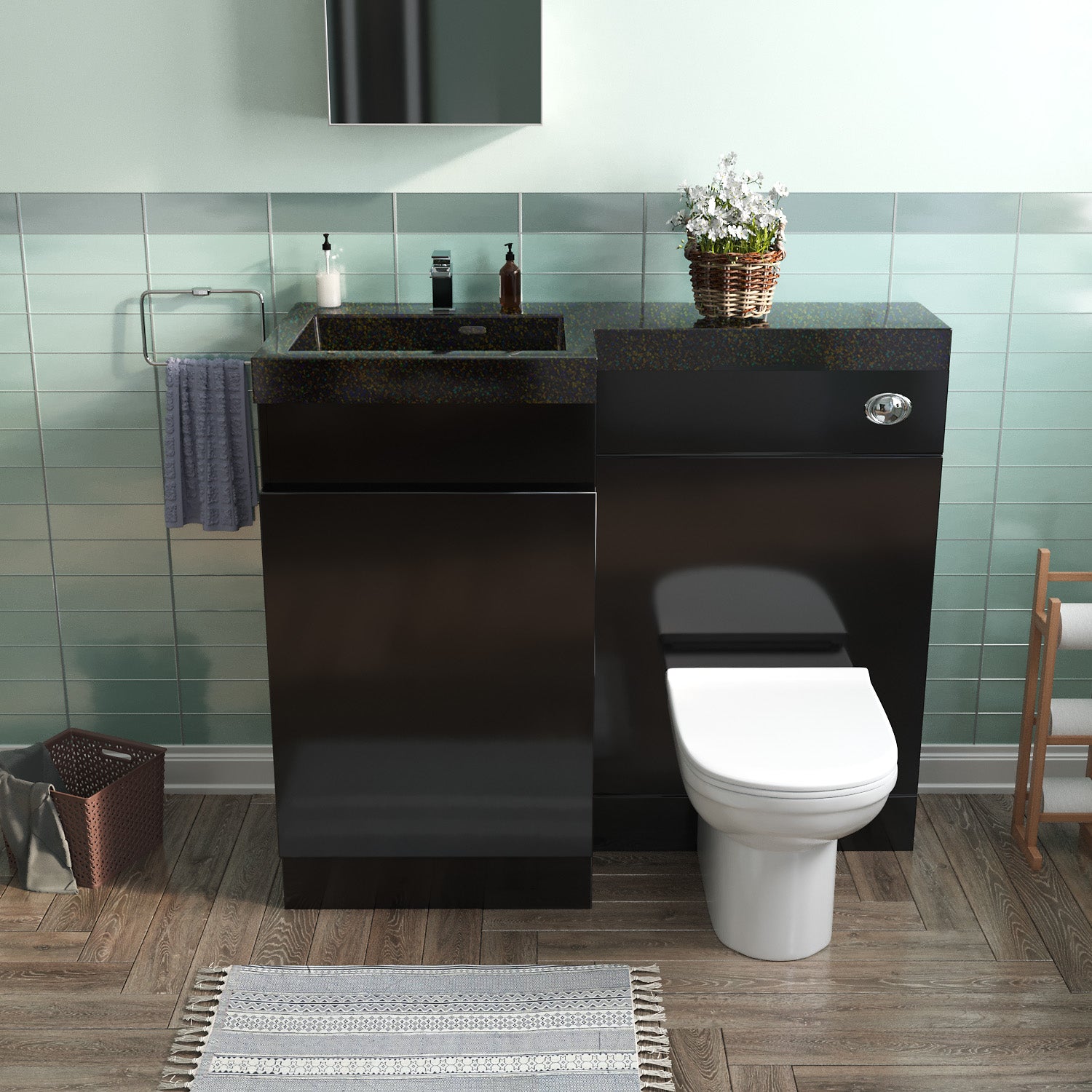 Black 1000 mm Left Hand Side Vanity Basin Unit with Back To Wall Toilet and WC Unit