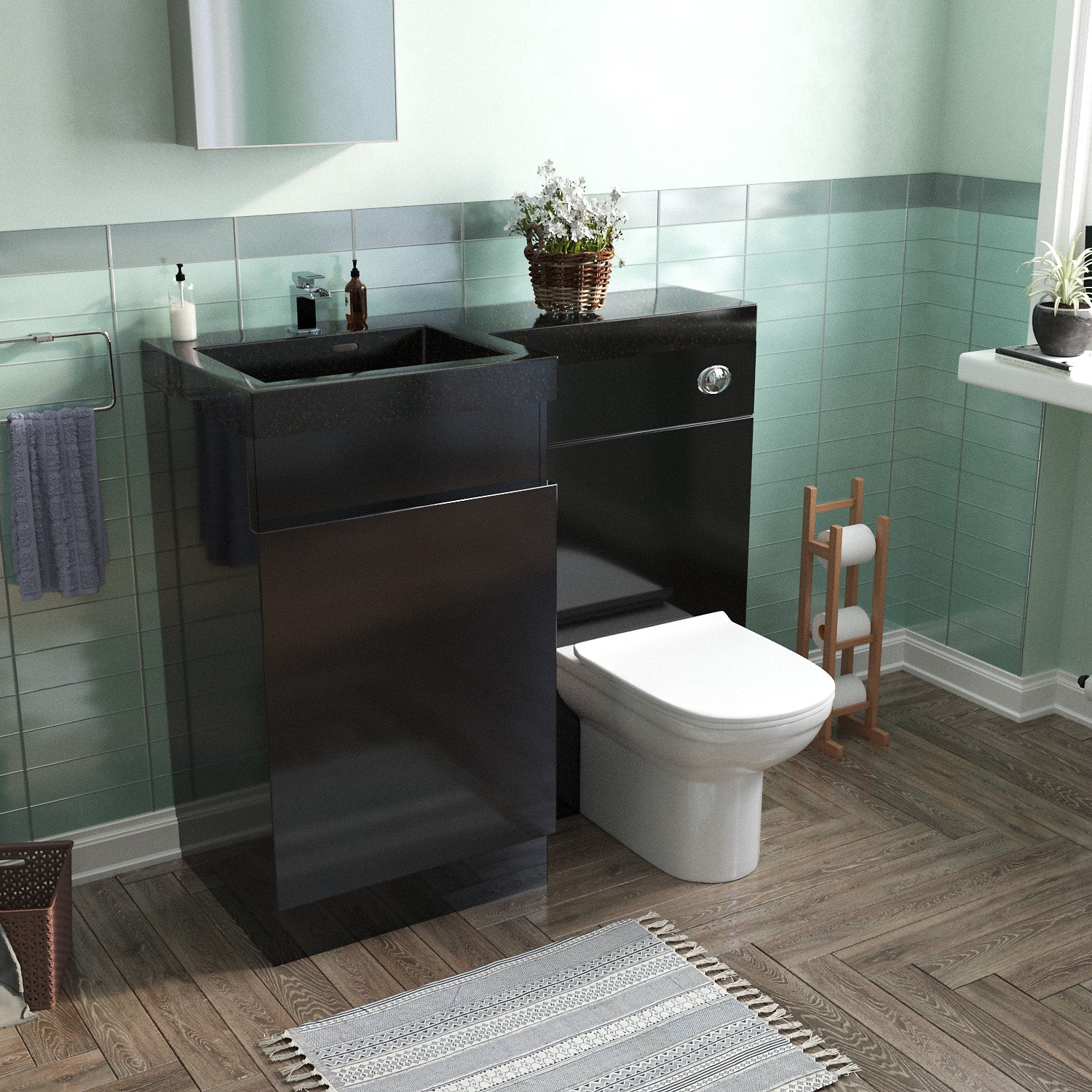 Black 1000 mm Left Hand Side Vanity Basin Unit with Back To Wall Toilet and WC Unit