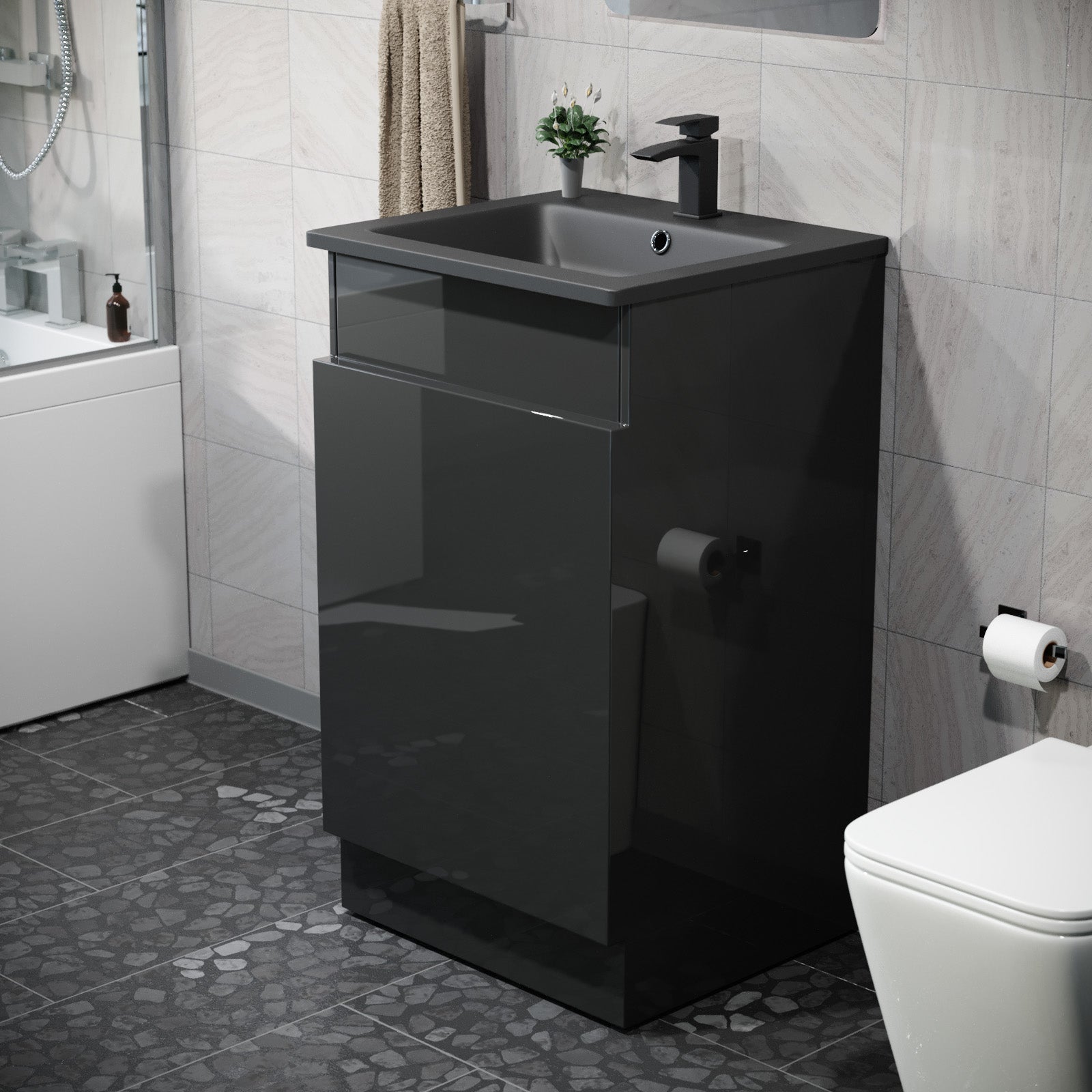 Aston 485mm Left Hand Black Vanity Unit with Black Resin Basin