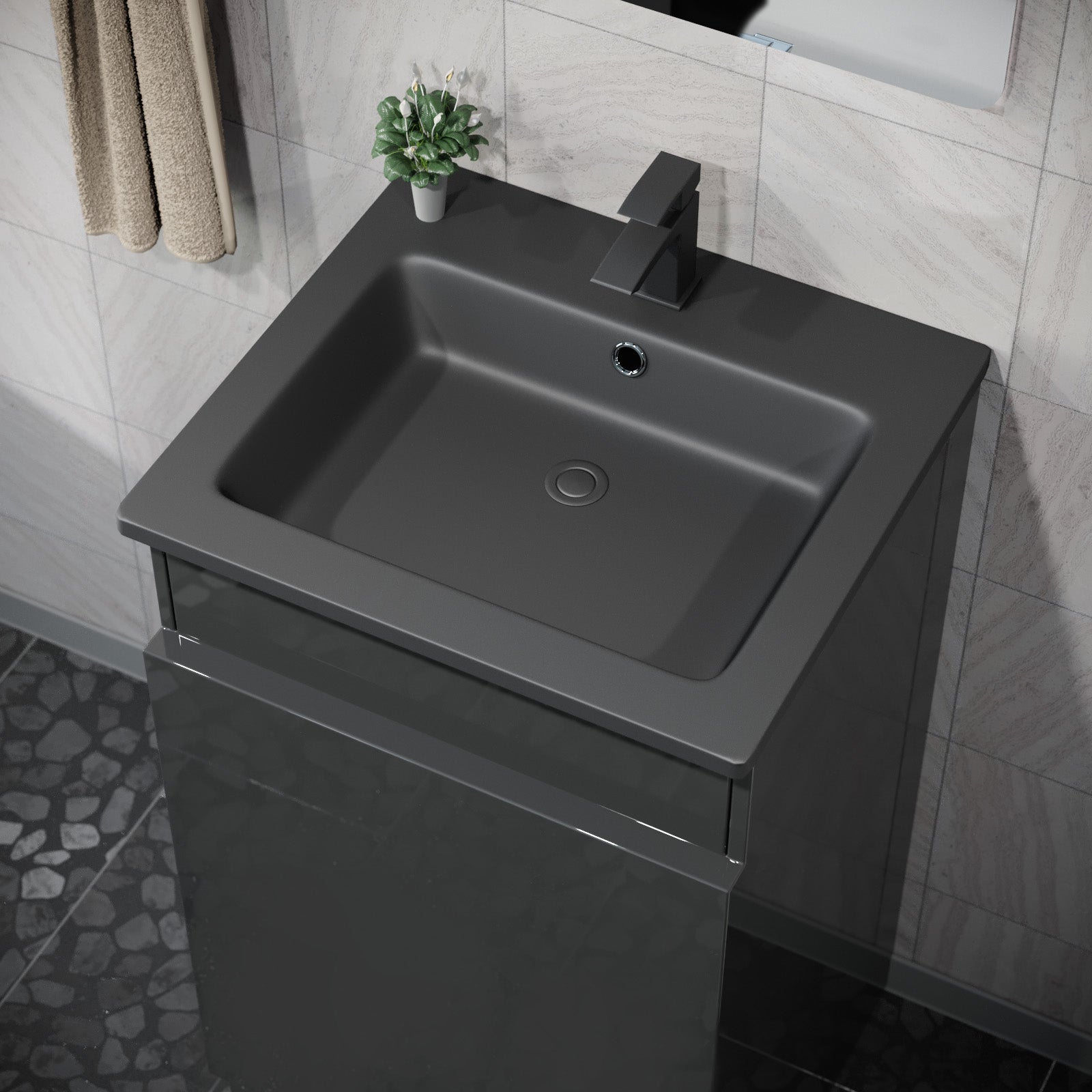 Aston 485mm Left Hand Black Vanity Unit with Black Resin Basin