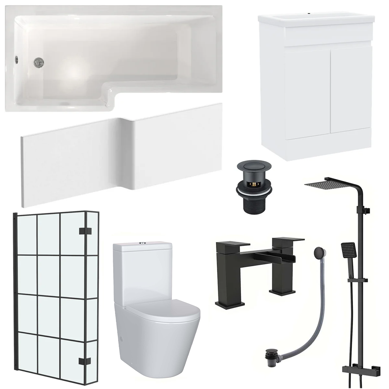 Small Bathroom Suite - Alaska Vanity Set with Toilet & L-Shaped LH 1500mm Shower Bath - Complete Set with Black Fittings