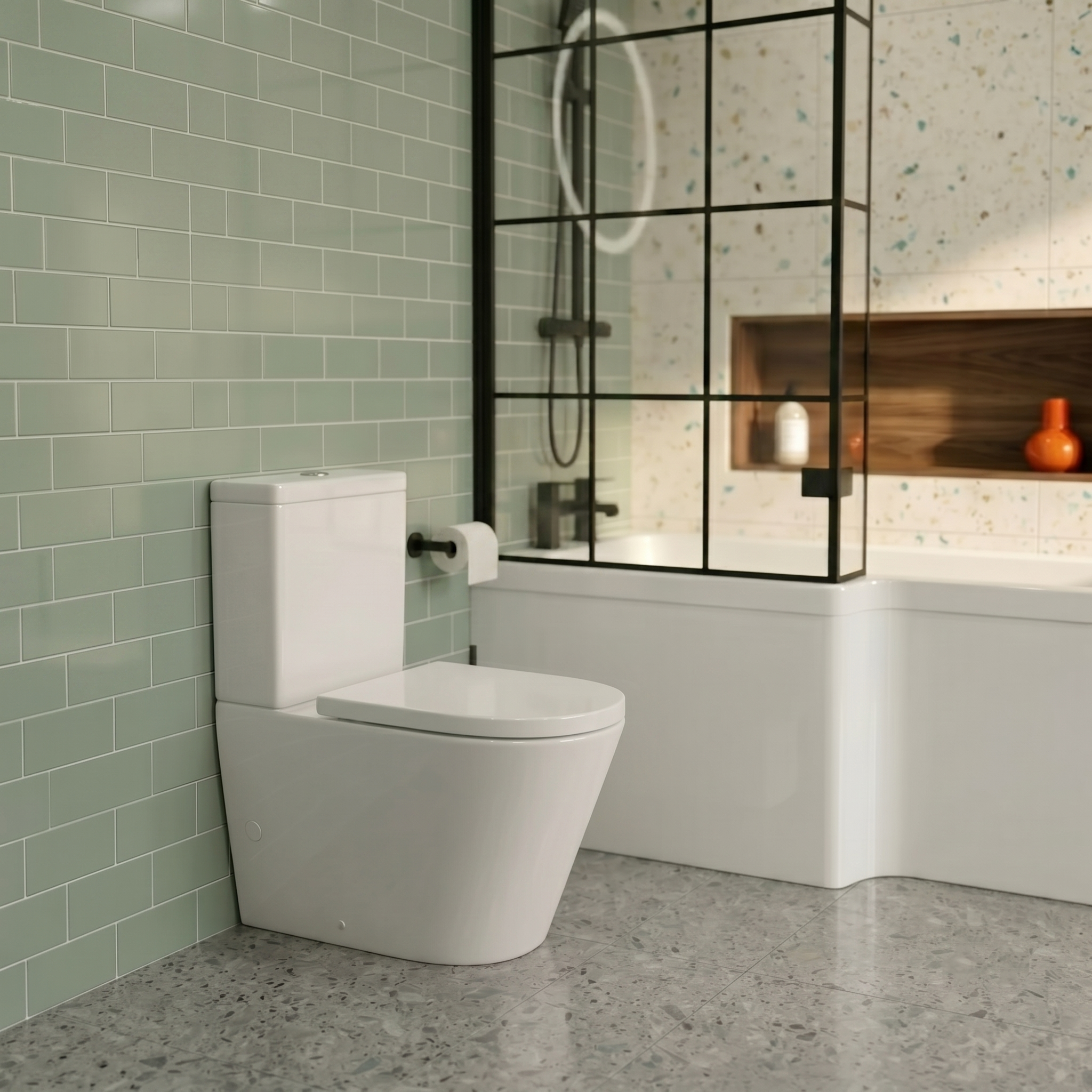 Small Bathroom Suite - Alaska Vanity Set with Toilet & L-Shaped LH 1500mm Shower Bath - Complete Set with Black Fittings