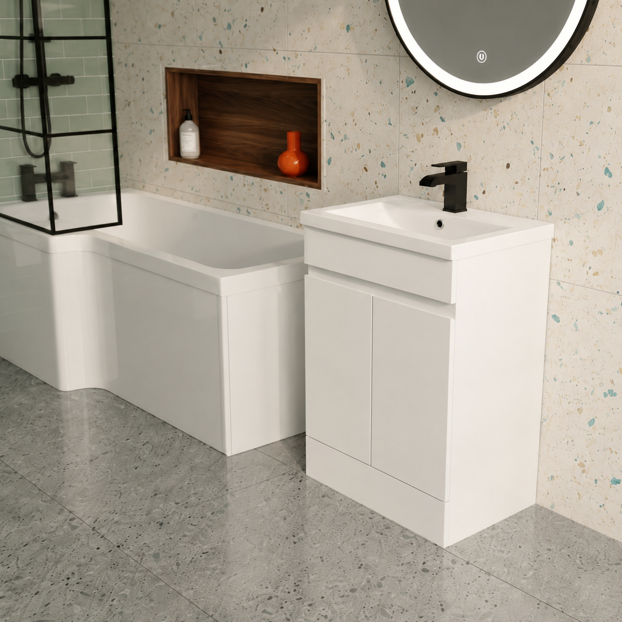 Small Bathroom Suite - Alaska Vanity Set with Toilet & L-Shaped LH 1500mm Shower Bath - Complete Set with Black Fittings