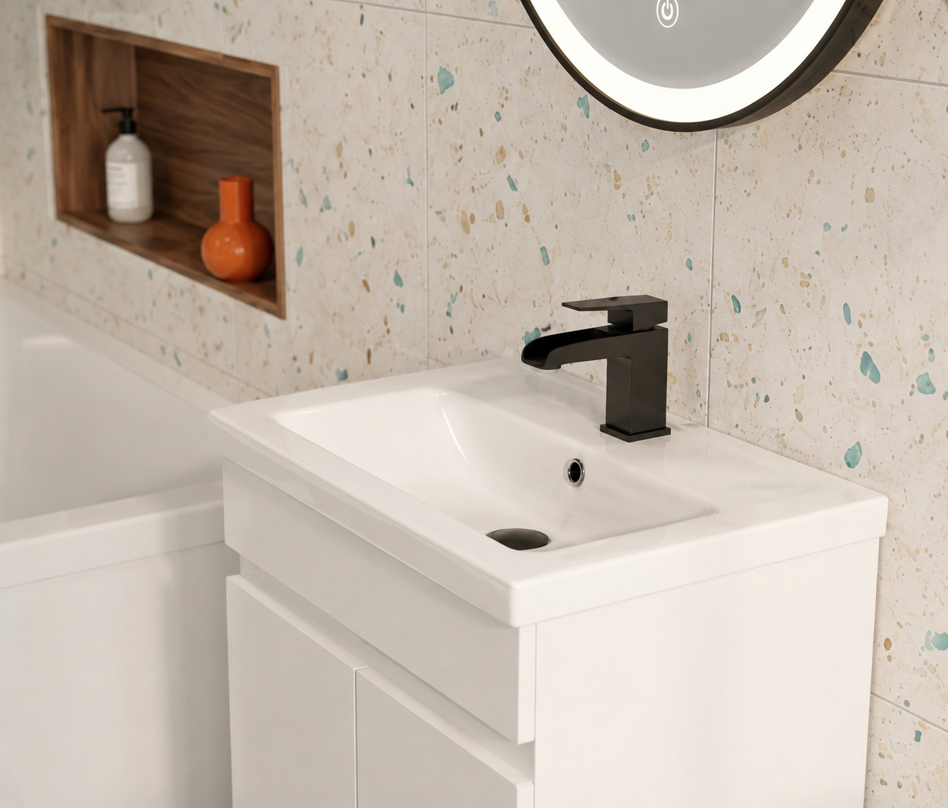 Small Bathroom Suite - Alaska Vanity Set with Toilet & L-Shaped LH 1500mm Shower Bath - Complete Set with Black Fittings