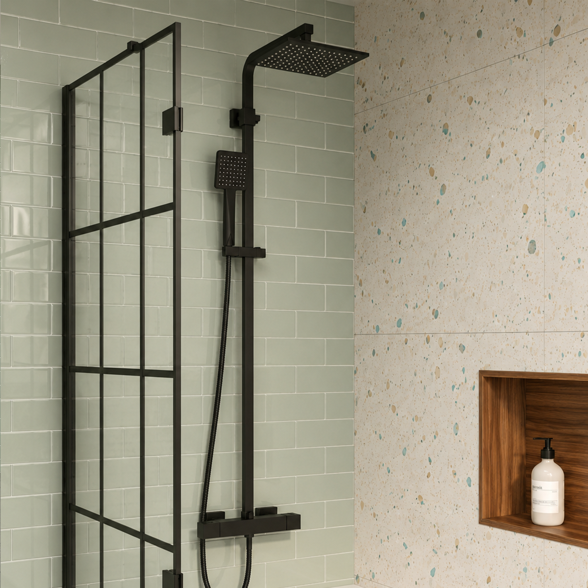 Small Bathroom Suite - Alaska Vanity Set with Toilet & L-Shaped LH 1500mm Shower Bath - Complete Set with Black Fittings