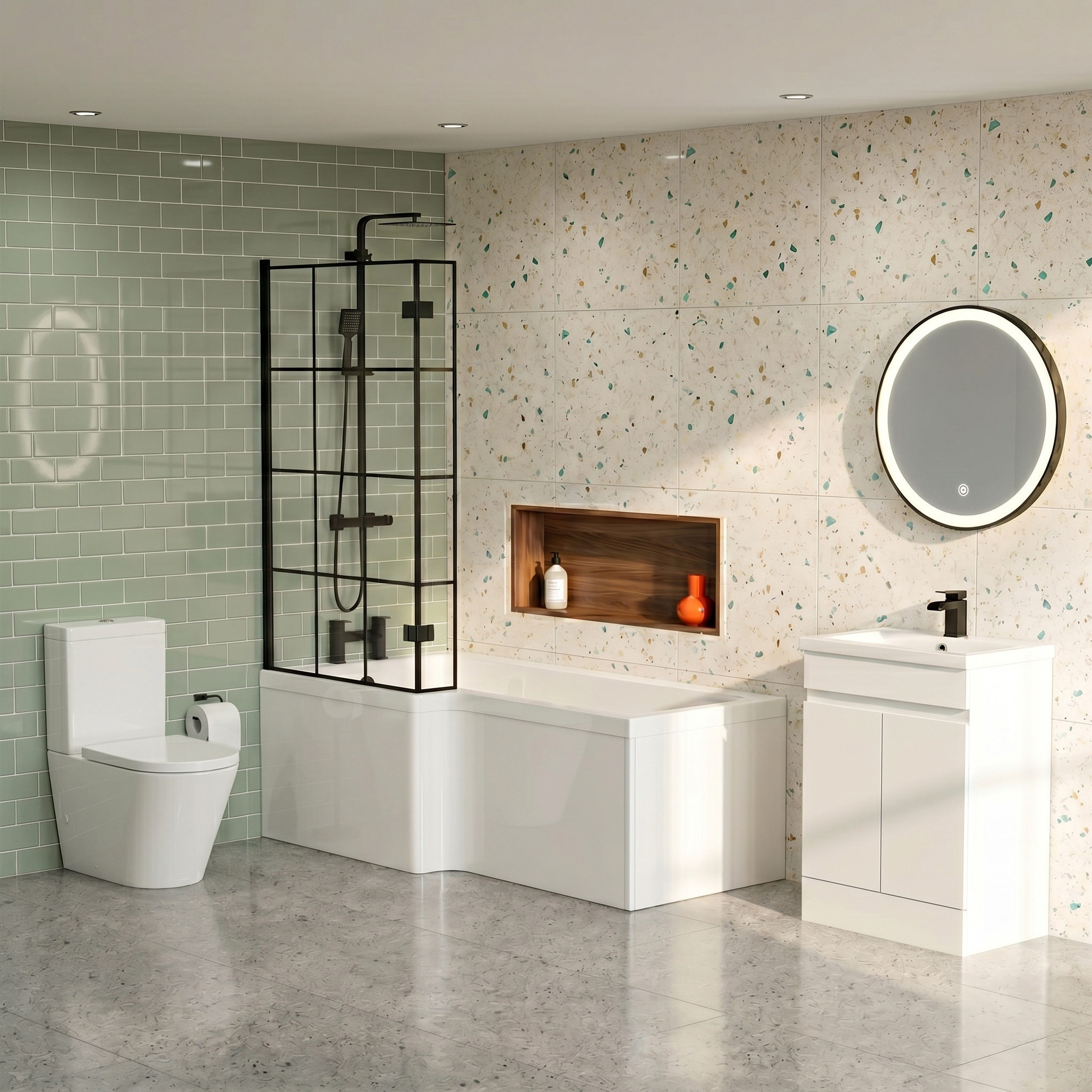 Small Bathroom Suite - Alaska Vanity Set with Toilet & L-Shaped LH 1500mm Shower Bath - Complete Set with Black Fittings
