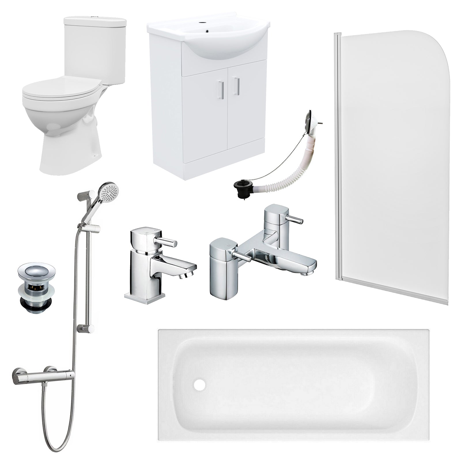 Bathroom Suite 1500mm Bathtub With Screen, Vanity and Toilet With Shower and Taps