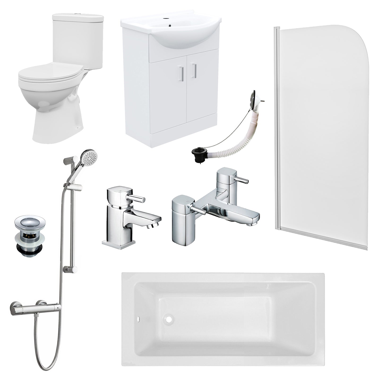 Bathroom Suite 1500mm Square Bathtub With Screen, Vanity and Toilet With Shower and Taps