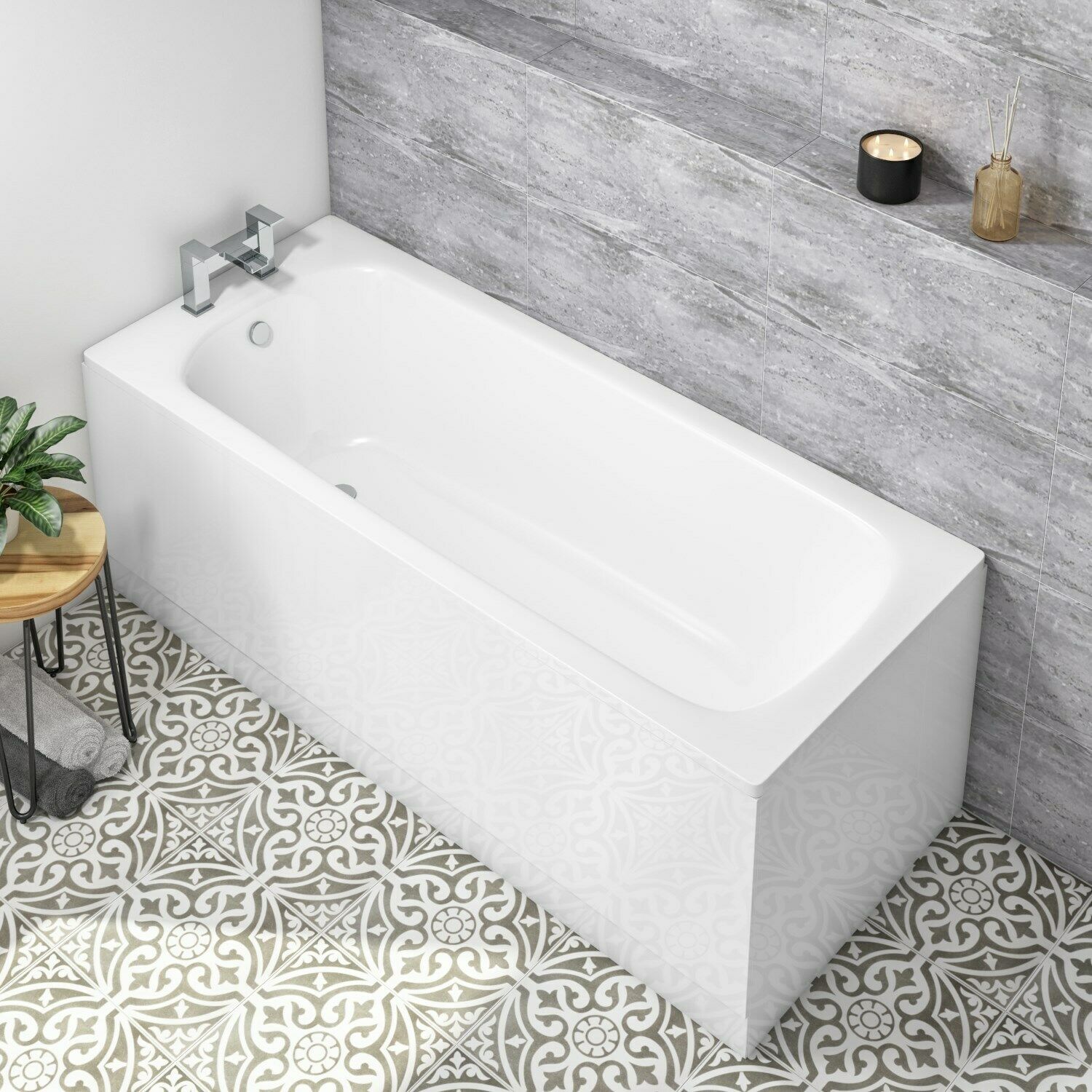 Kaif 1600 x 700mm Standard Round Single Ended Bath With Legs, Bath Screen White