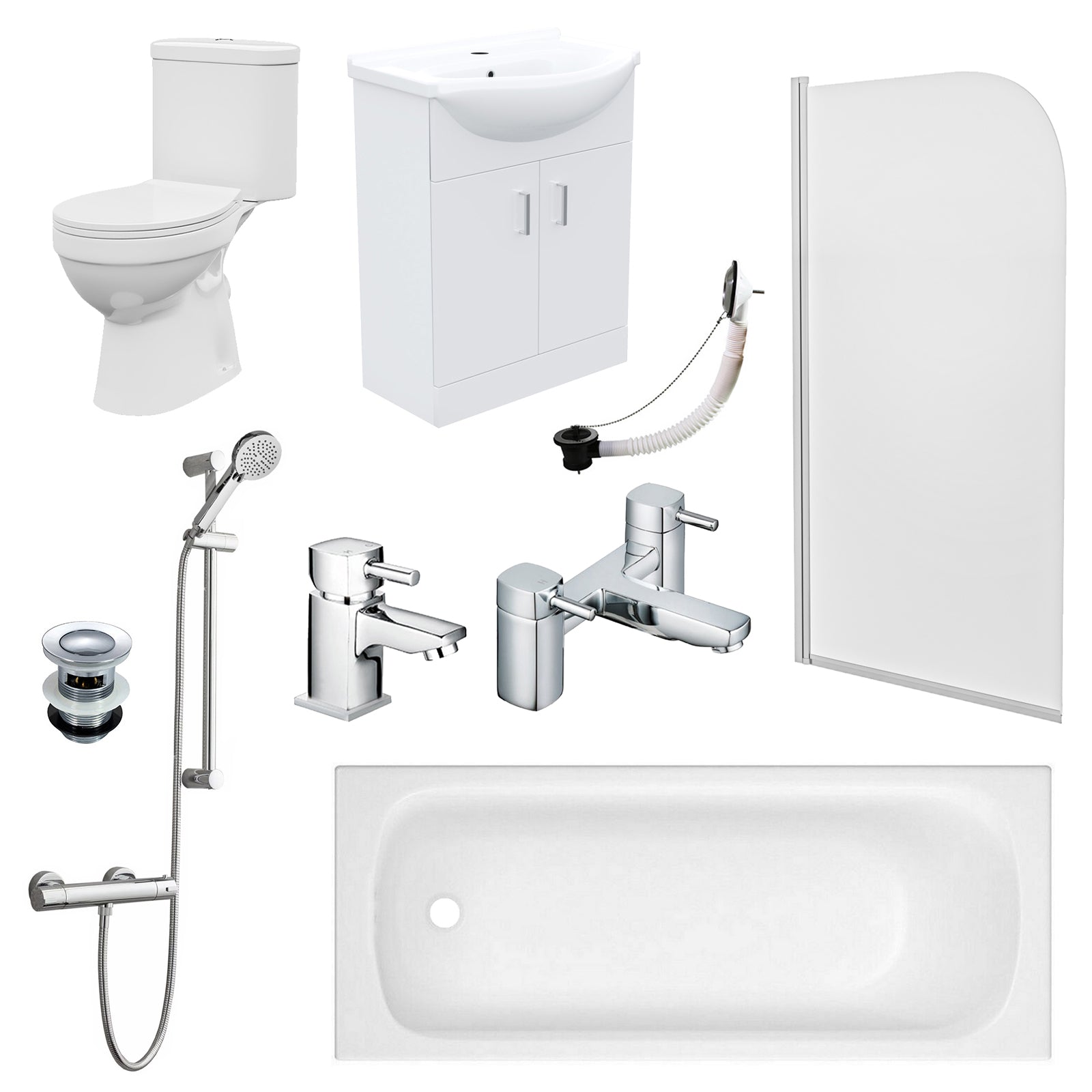Bathroom Suite 1600mm Bathtub With Screen, Vanity and Toilet With Shower and Taps