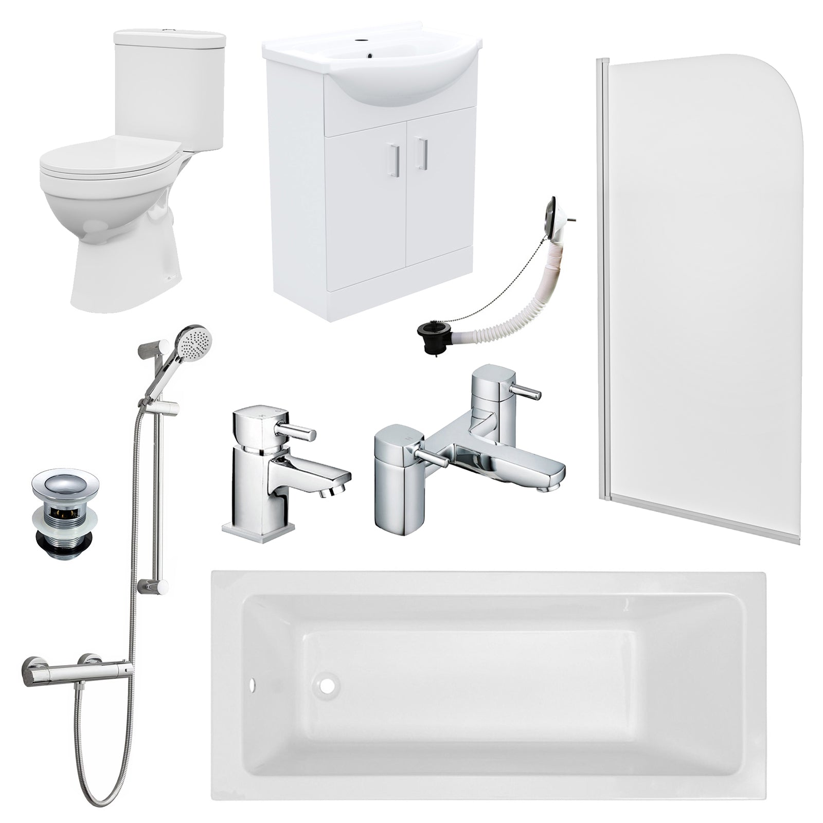 Bathroom Suite 1600mm Square Bathtub With Screen, Vanity and Toilet With Shower and Taps
