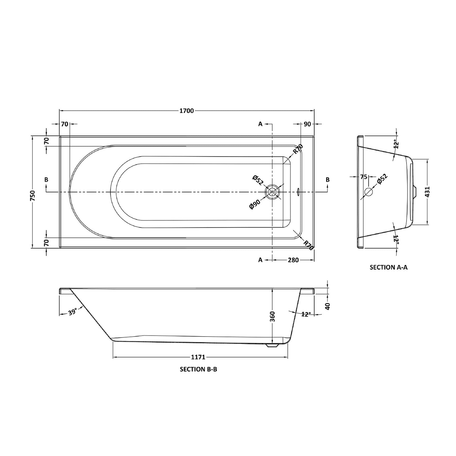 Kaif 1700 x 750mm Standard Round Single Ended Bath & Leg Set White