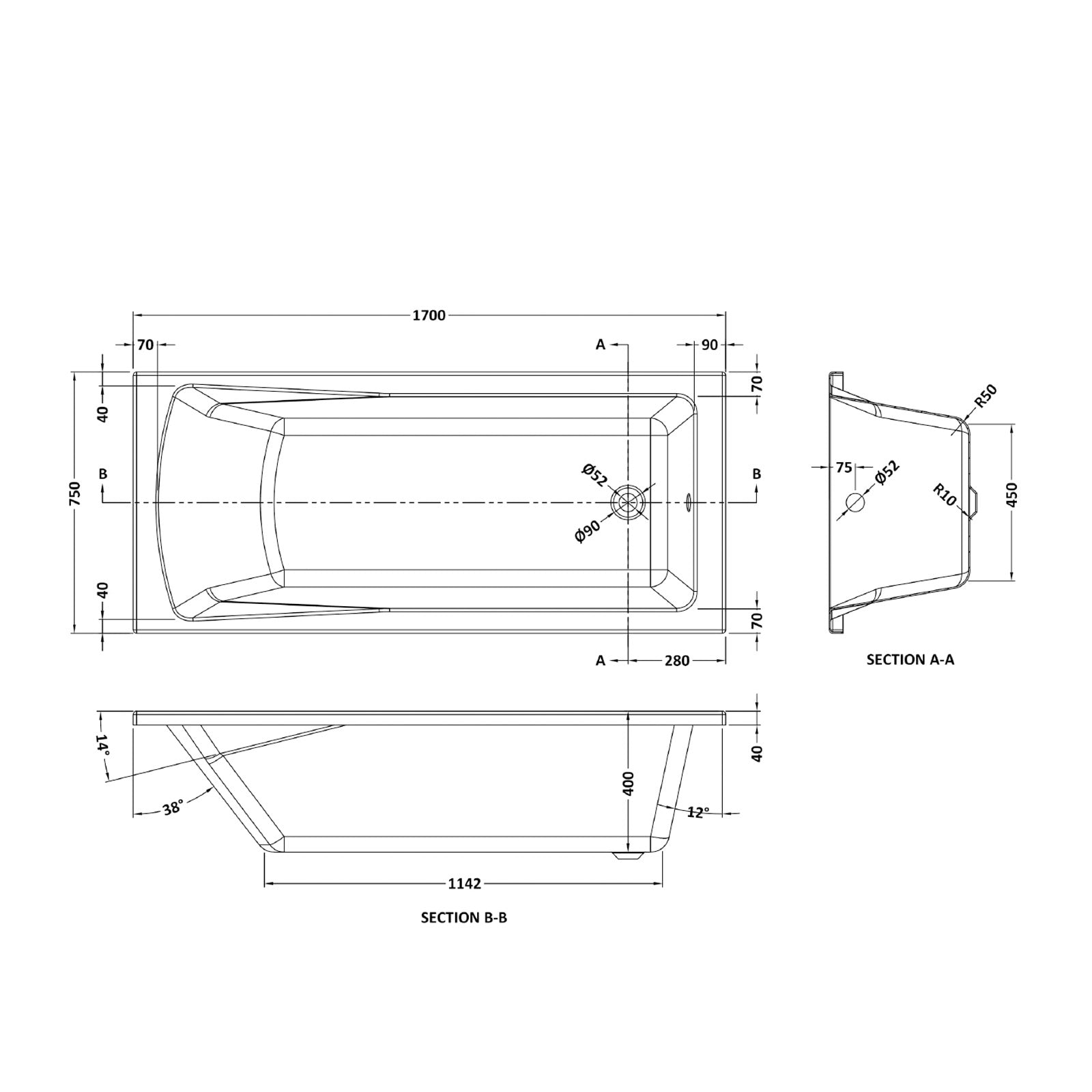 Standard Bath Tub Square Single Ended 1700mm x 750mm Bath With Legs