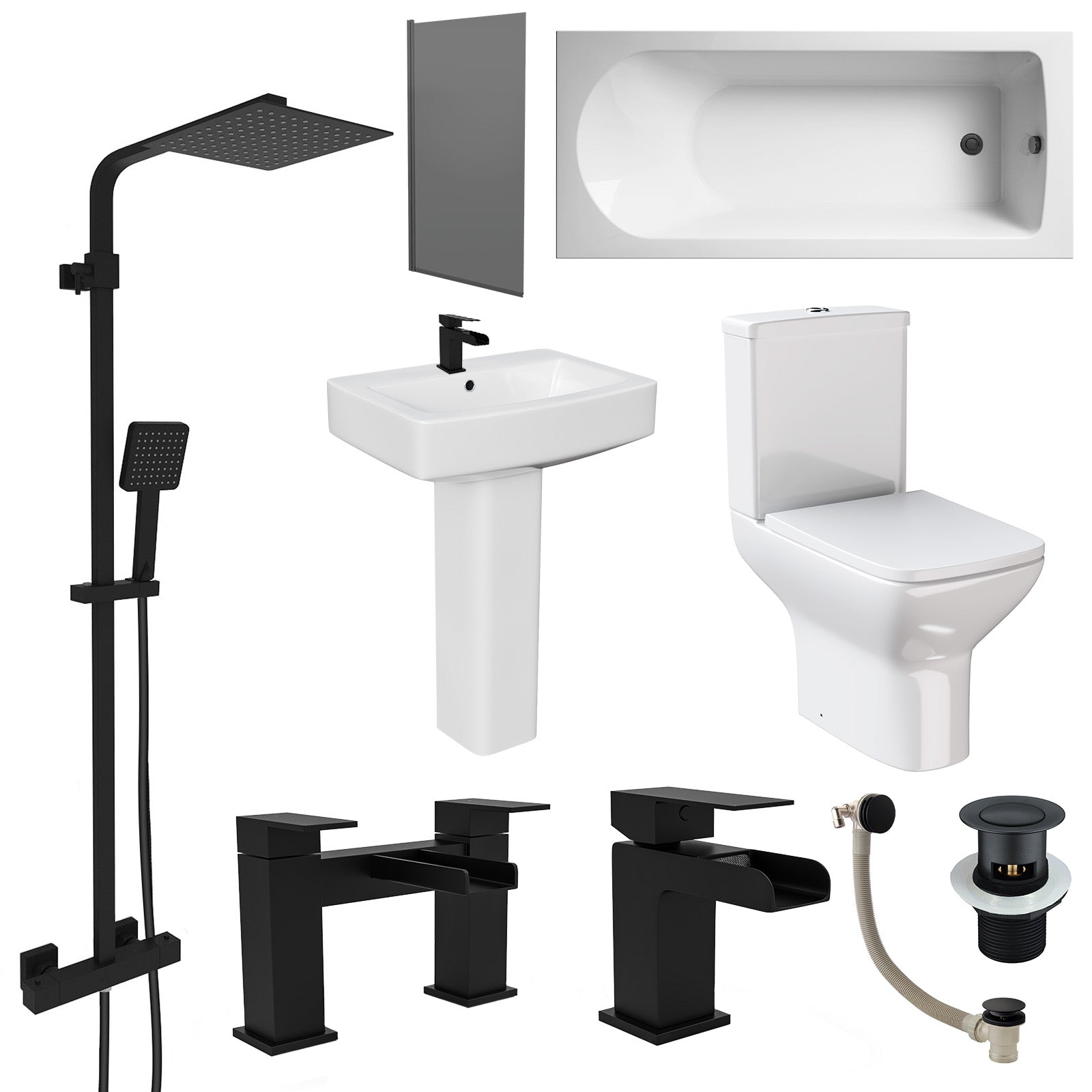 Square Bathroom Suite Matt Black 1700mm Bath, Toilet, Pedestal basin, Matt Black Taps, Matt Black Shower
