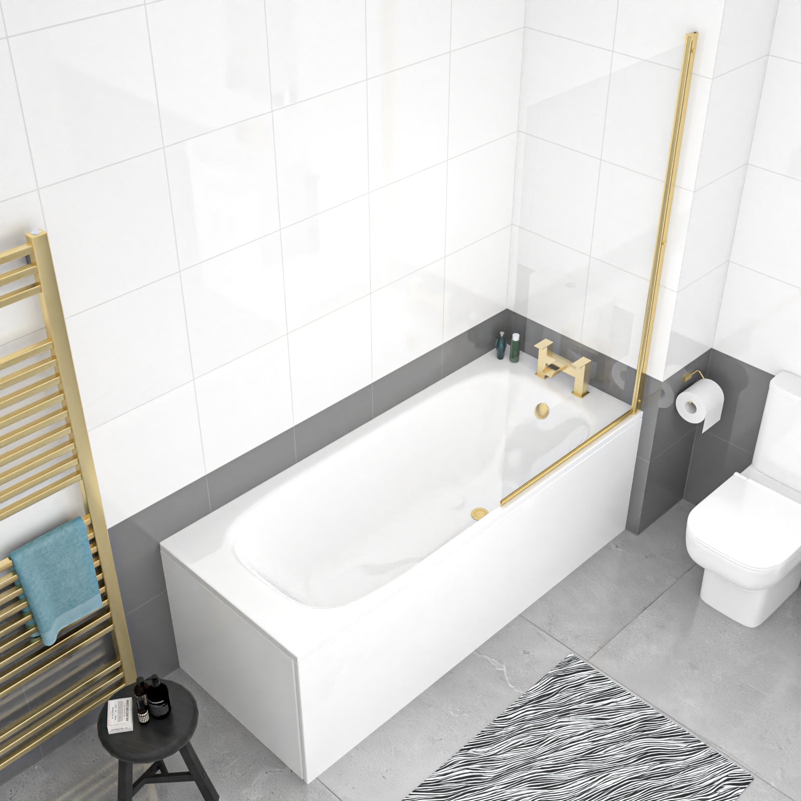 1700mm Round Bath with Legs and Brushed Brass Frame Square Bath Screen