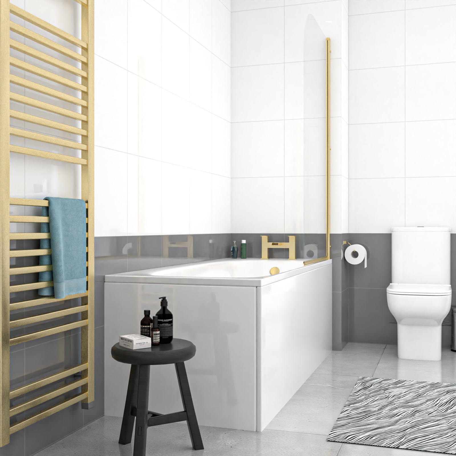 1700mm Round Bath with Legs and Brushed Brass Frame Curved Bath Screen
