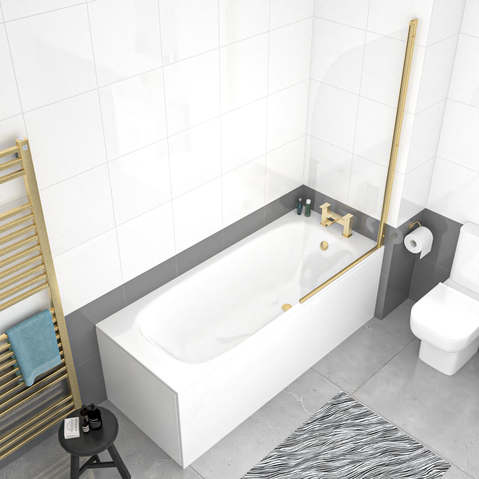 1700mm Round Bath with Legs and Brushed Brass Frame Curved Bath Screen