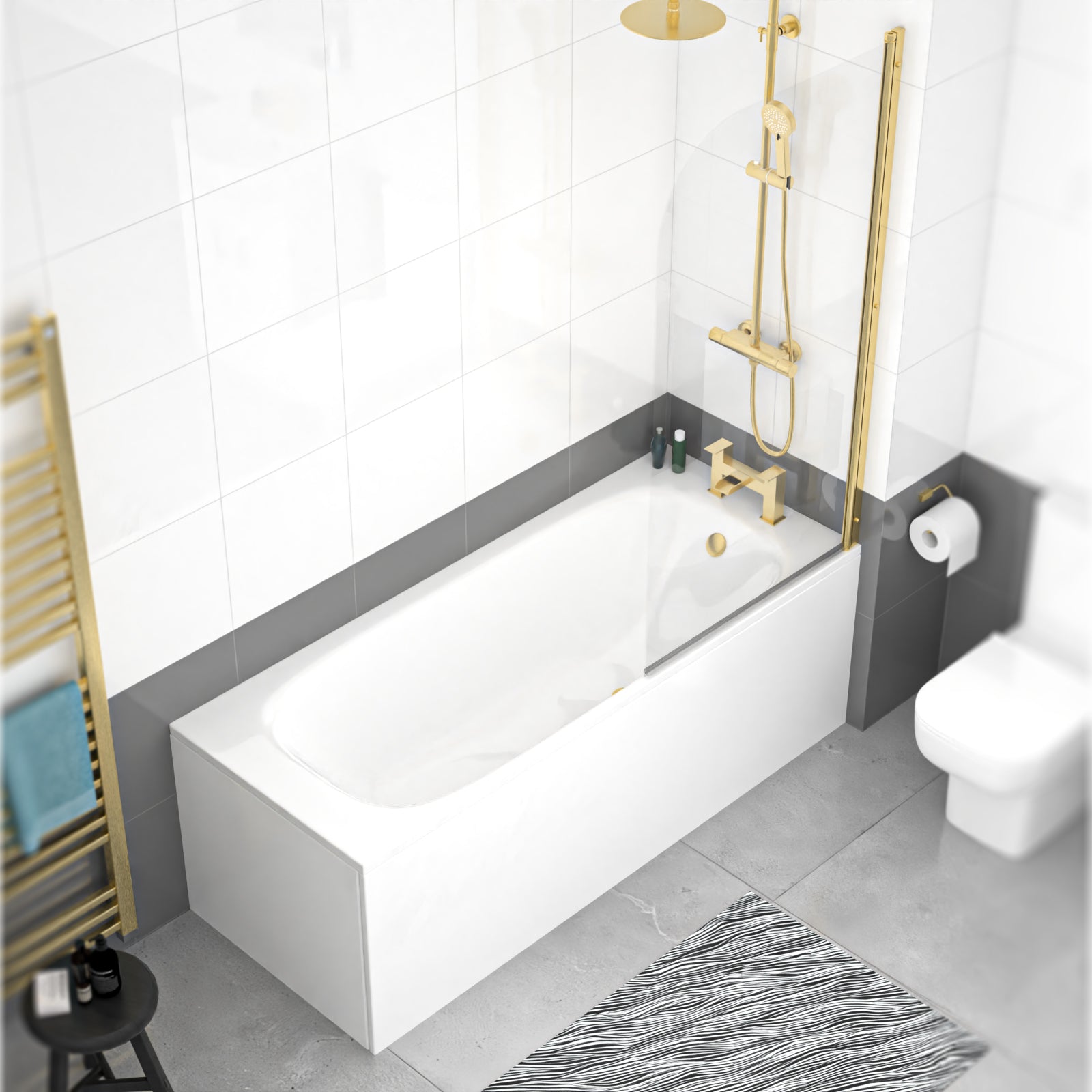 1700 x 700mm Round Bath with Legs and Brushed Brass Frame Curved Bath Screen