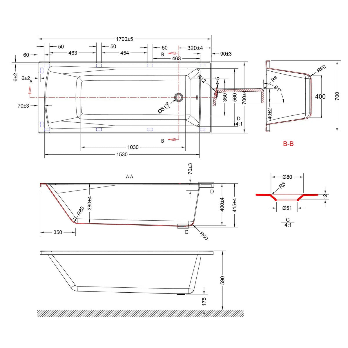 Bathroom Suite - Alaska 1700mm Square Single Ended Bathtub with Screen, 600mm 2 Drawer Basin Vanity & Close Coupled Toilet - Set with Brushed Brass Fittings