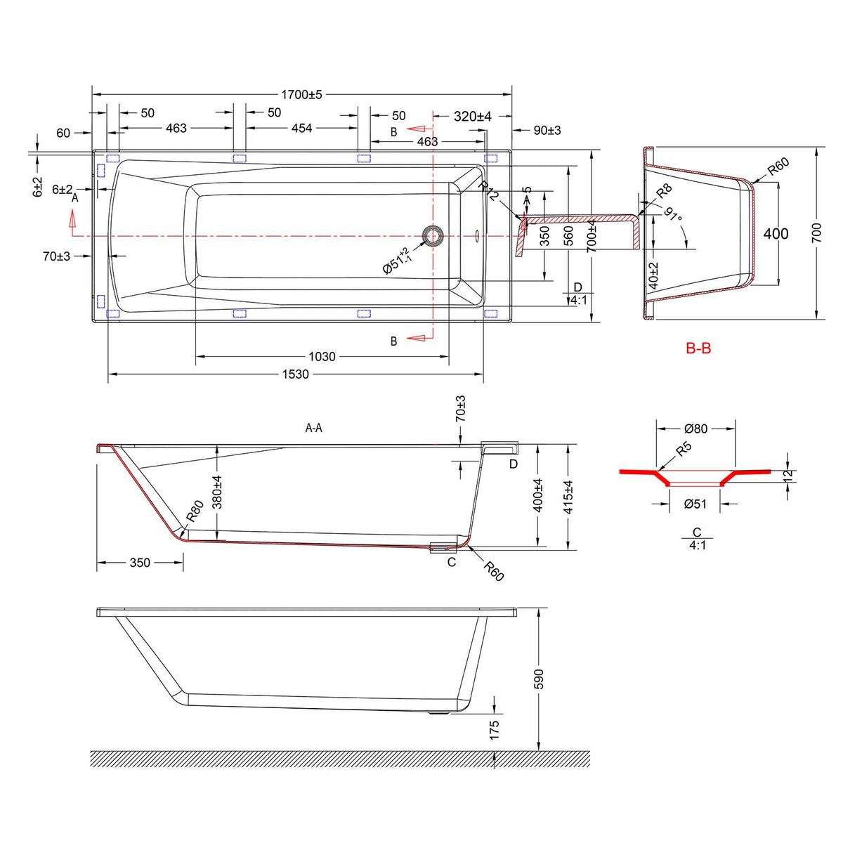 Bath Suite 1700mm Bath, 550mm Freestanding Vanity, WC With BTW Toilet & Bath Filler